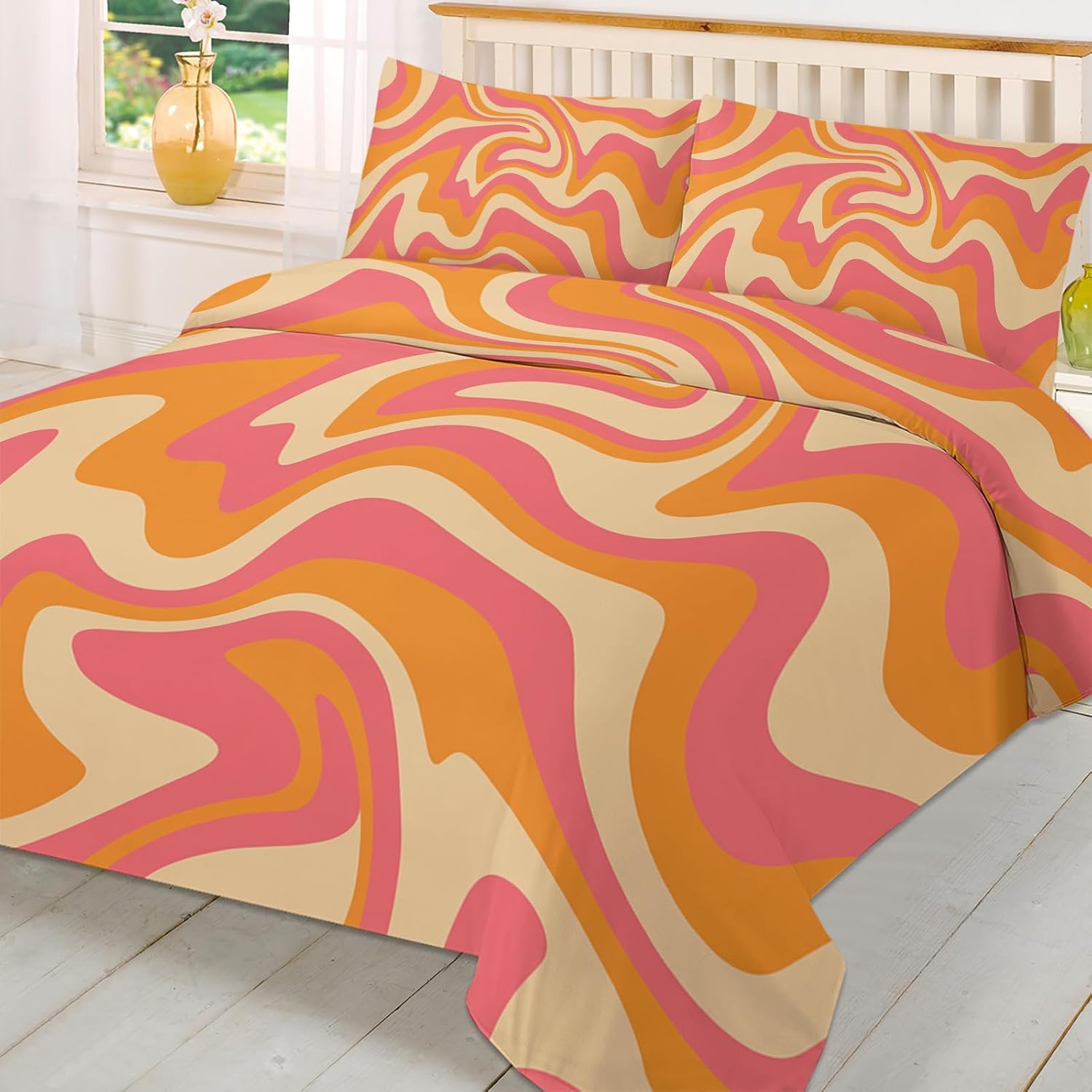 Pink Burnt Orange Twin Duvet Cover Set with Pillow Cases