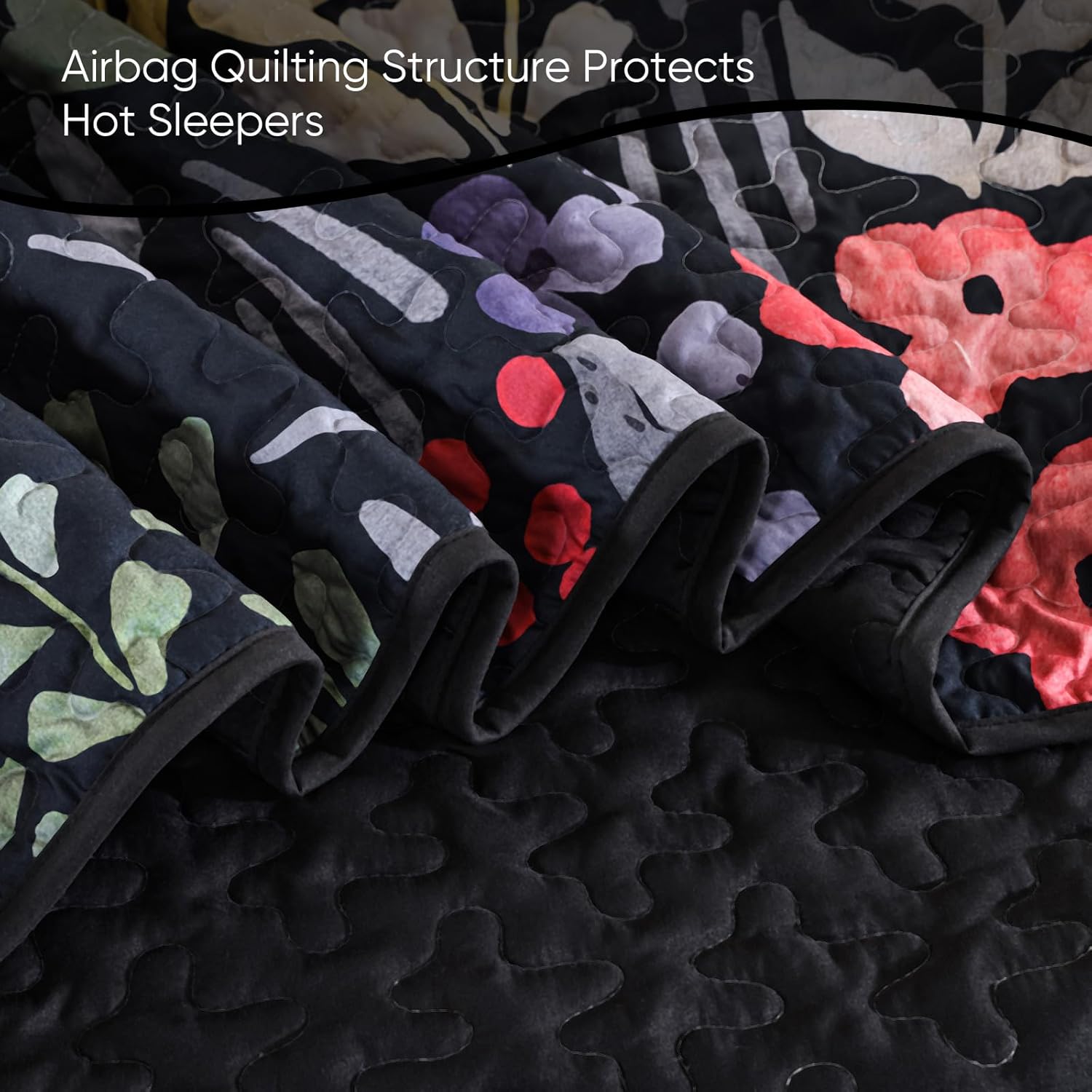 Xruibed Black Floral Quilt Set Queen 3 Piece 1