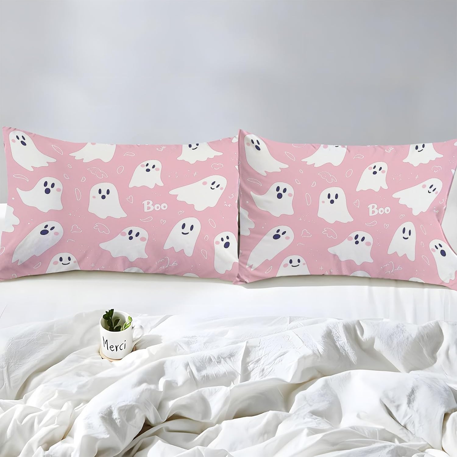 4-Piece Twin XL Cartoon Pink Ghost Fitted Sheet Set