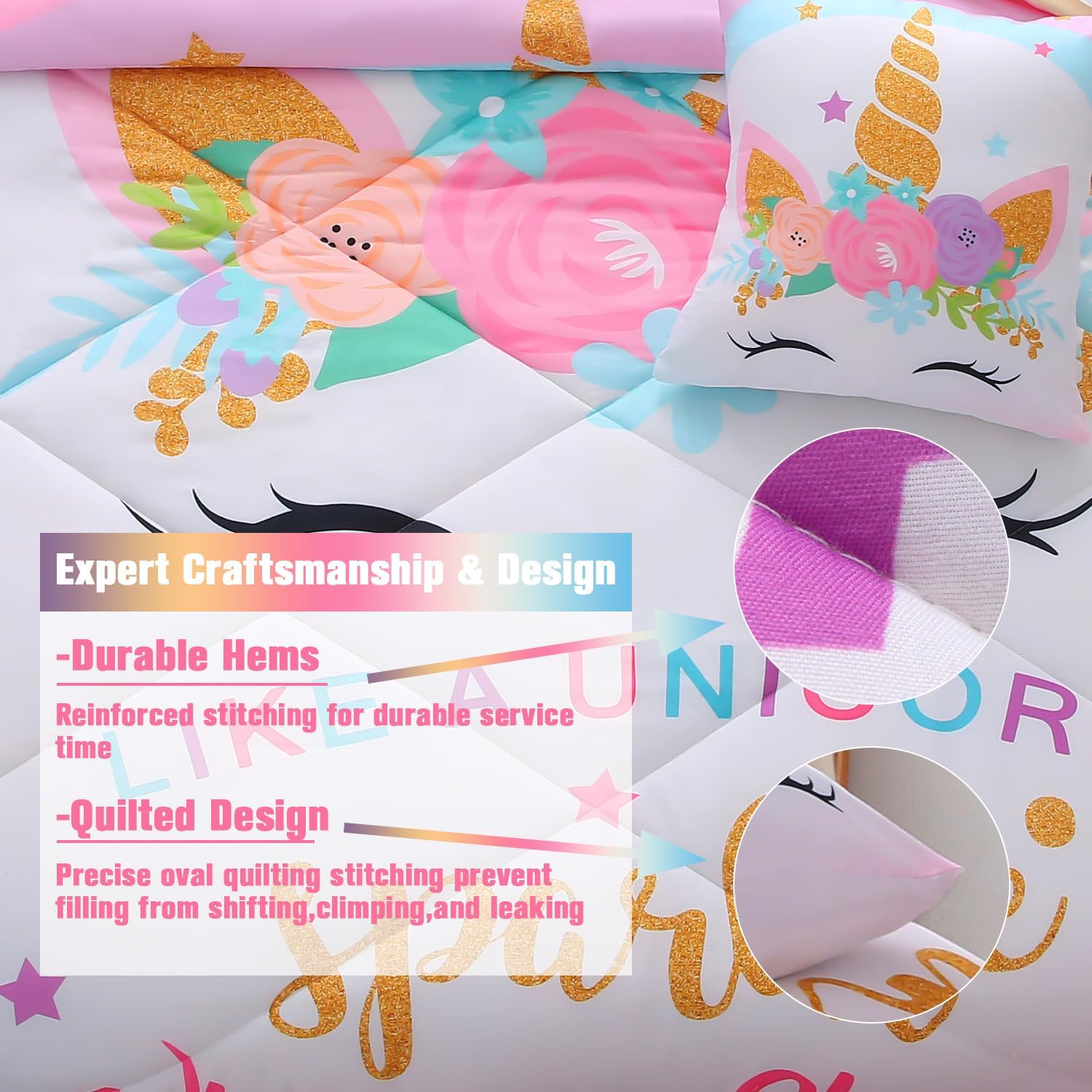 JQinHome Sparkle Unicorn Comforter Set 6 Piece Twin Bedding
