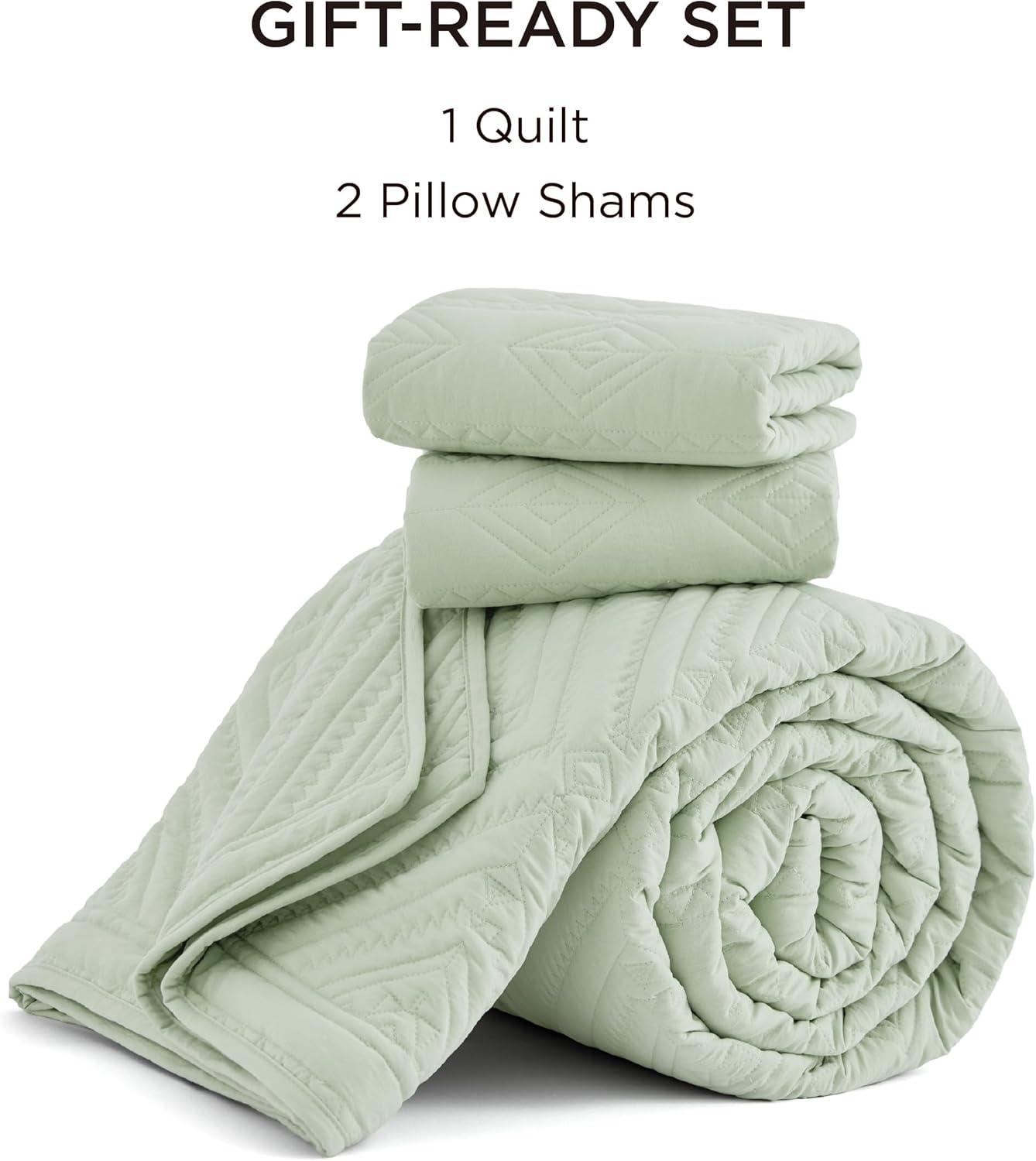 Bedsure Boho Queen Quilt Set - Geometric Pattern Sage Green 90x96 Inches