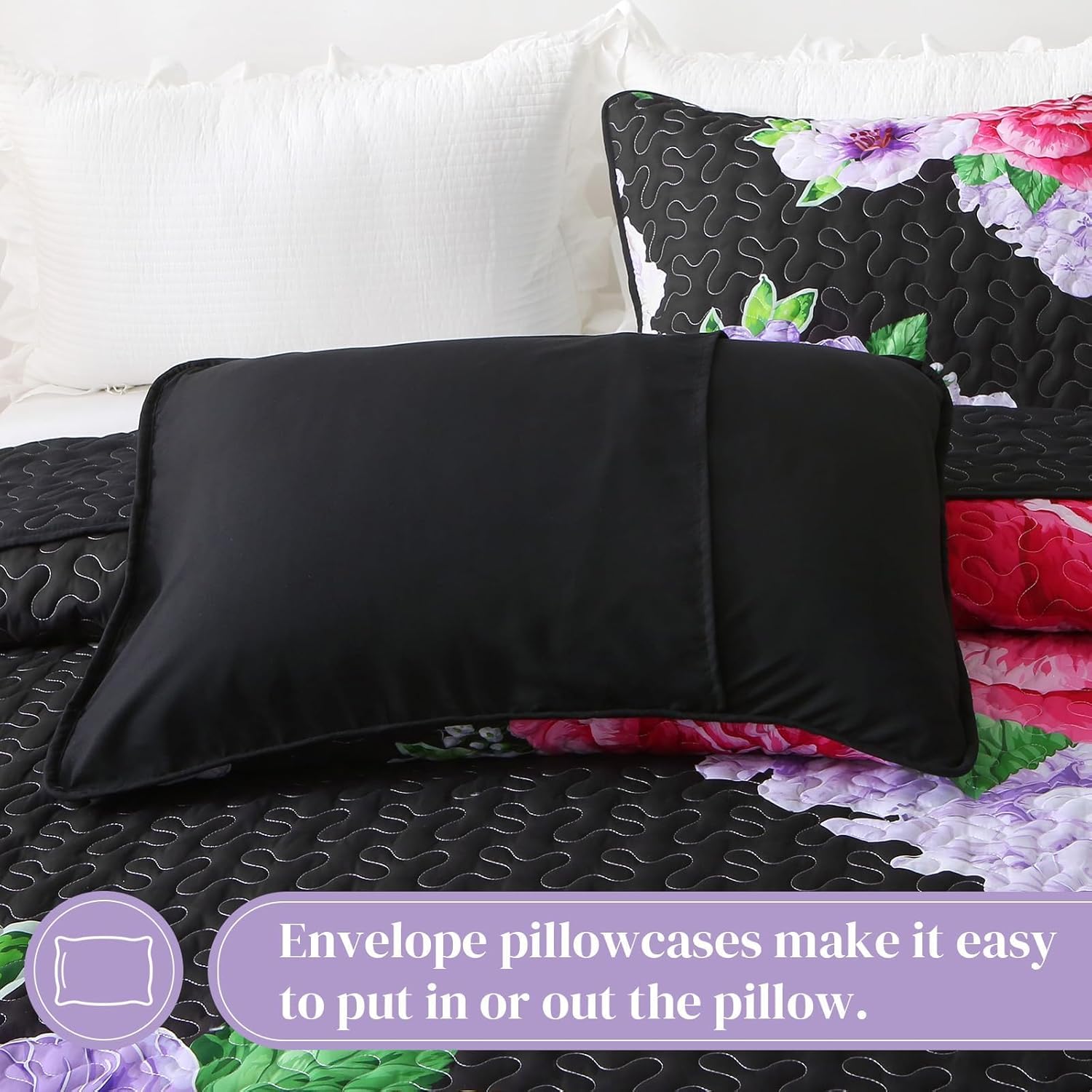 Heymybed Black Floral Quilt Set King Size 3 Pieces