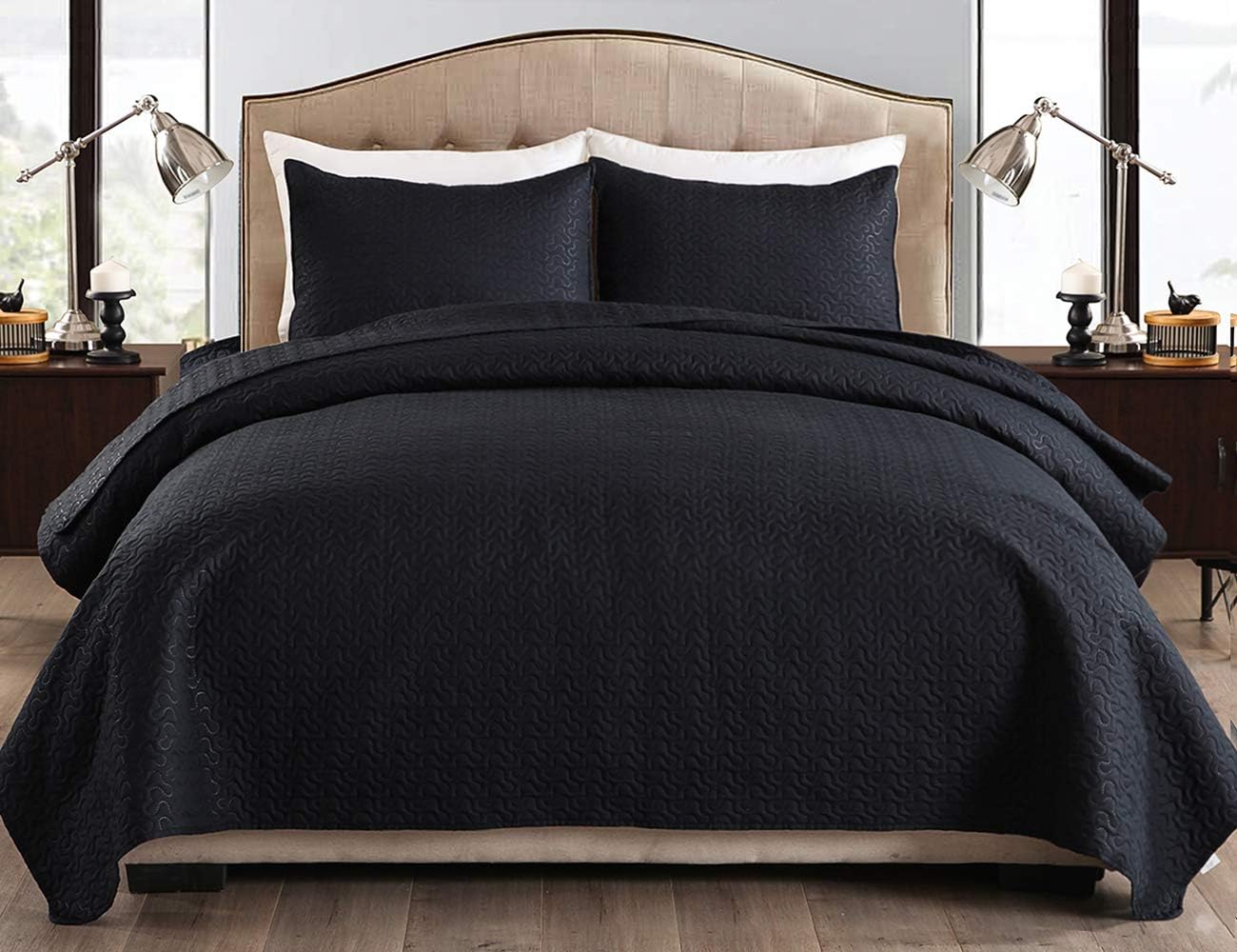 JML Quilt Set - 3 Piece Embossed Stripe Black for King Bed