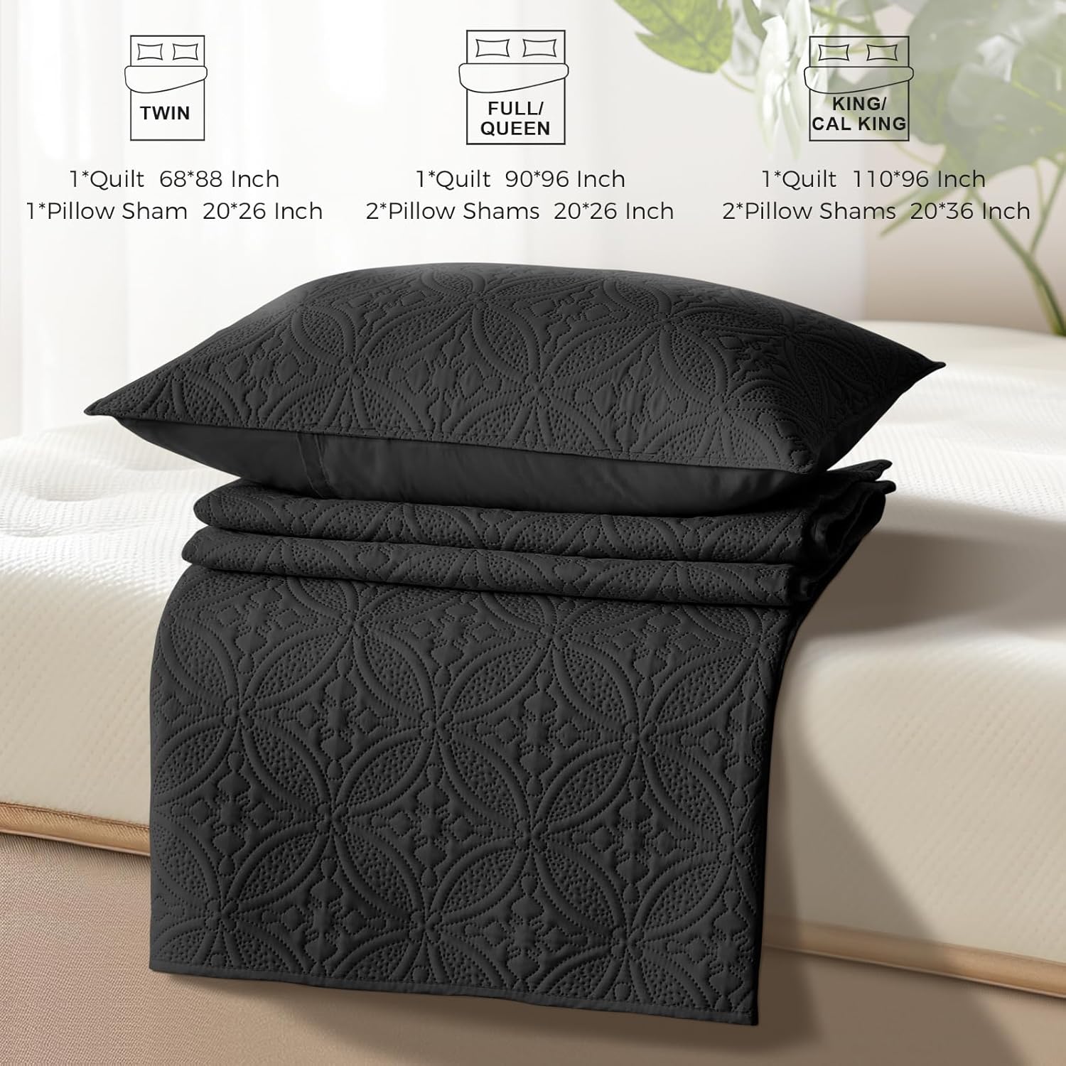 WURUIBO Quilt Set - Black Microfiber FullQueen Bedspread