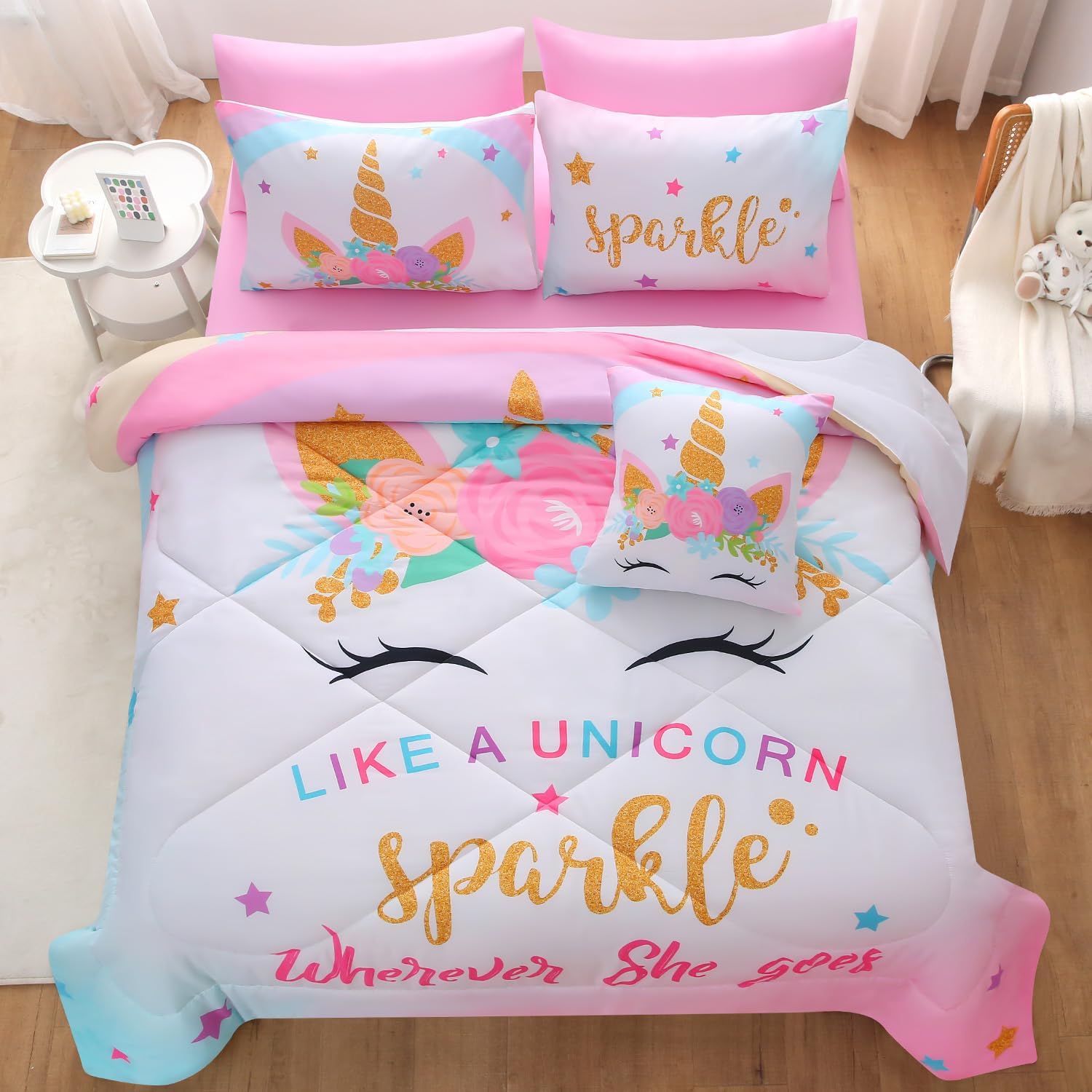 JQinHome Sparkle Unicorn Comforter Set 6 Piece Twin Bedding