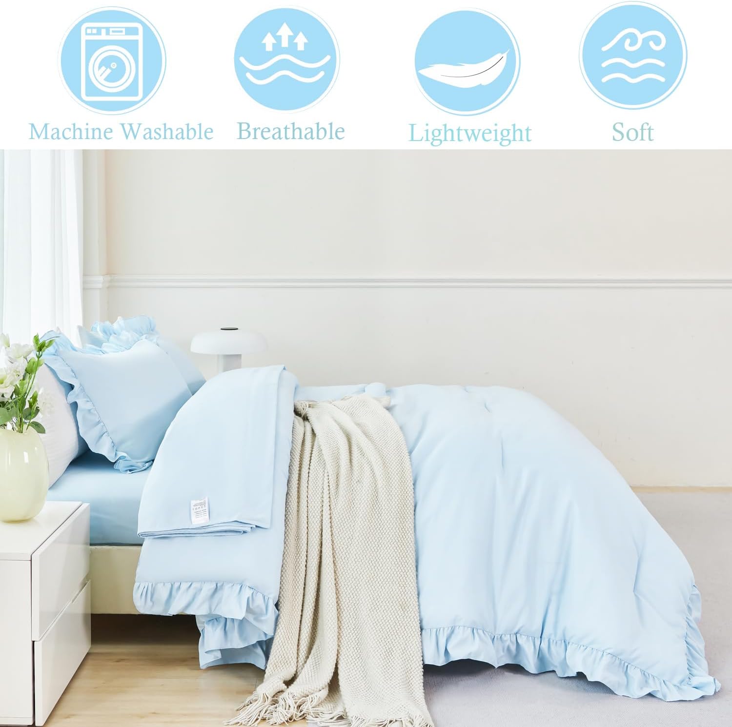 ANGIYUIN Light Blue Ruffle Comforter Set Twin Size 5 Pieces