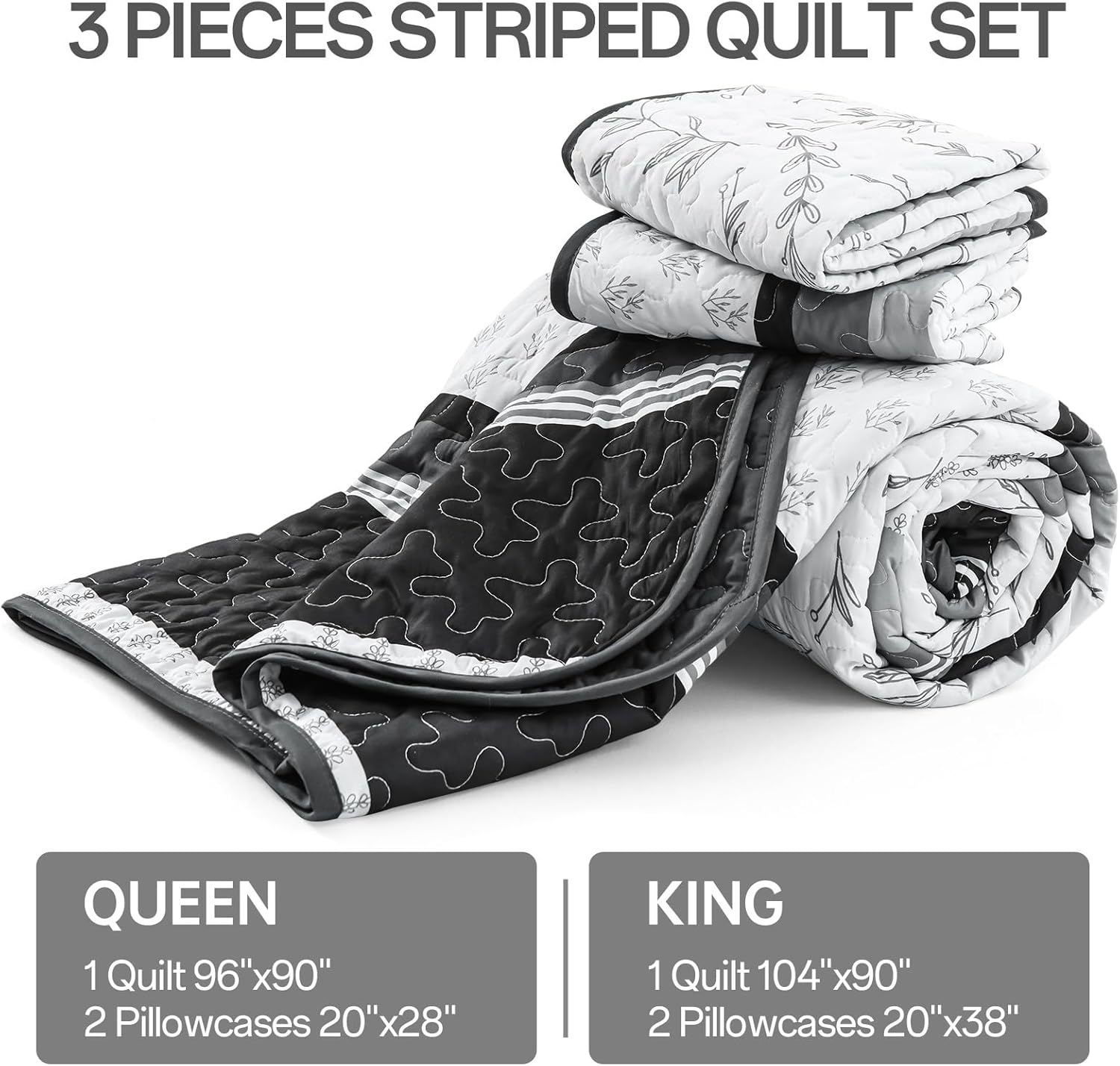 DJY Black Striped King Quilt Set with Pillowcases