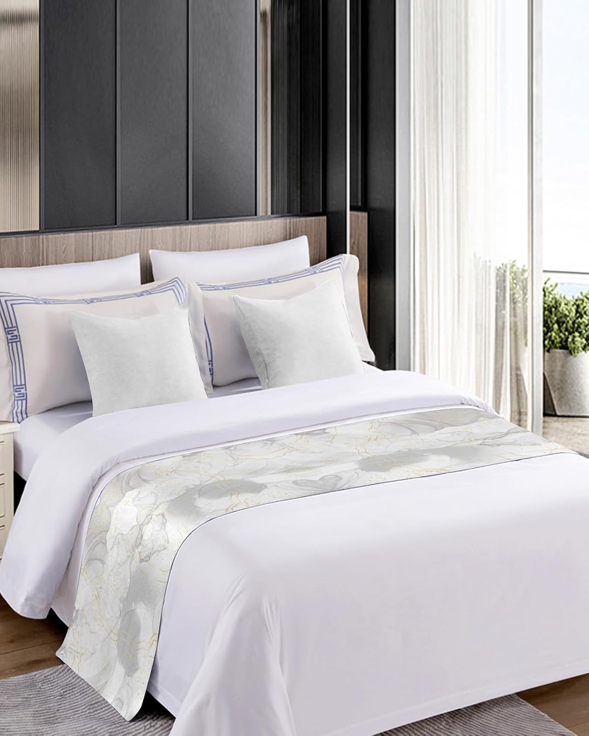 Marble Grey Gold Bed Runner Scarf Full Queen