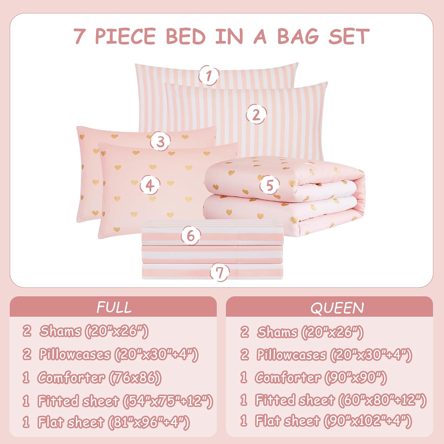 Wink Deer Queen Comforter Set with Sheets Pink Gold Heart 90x90