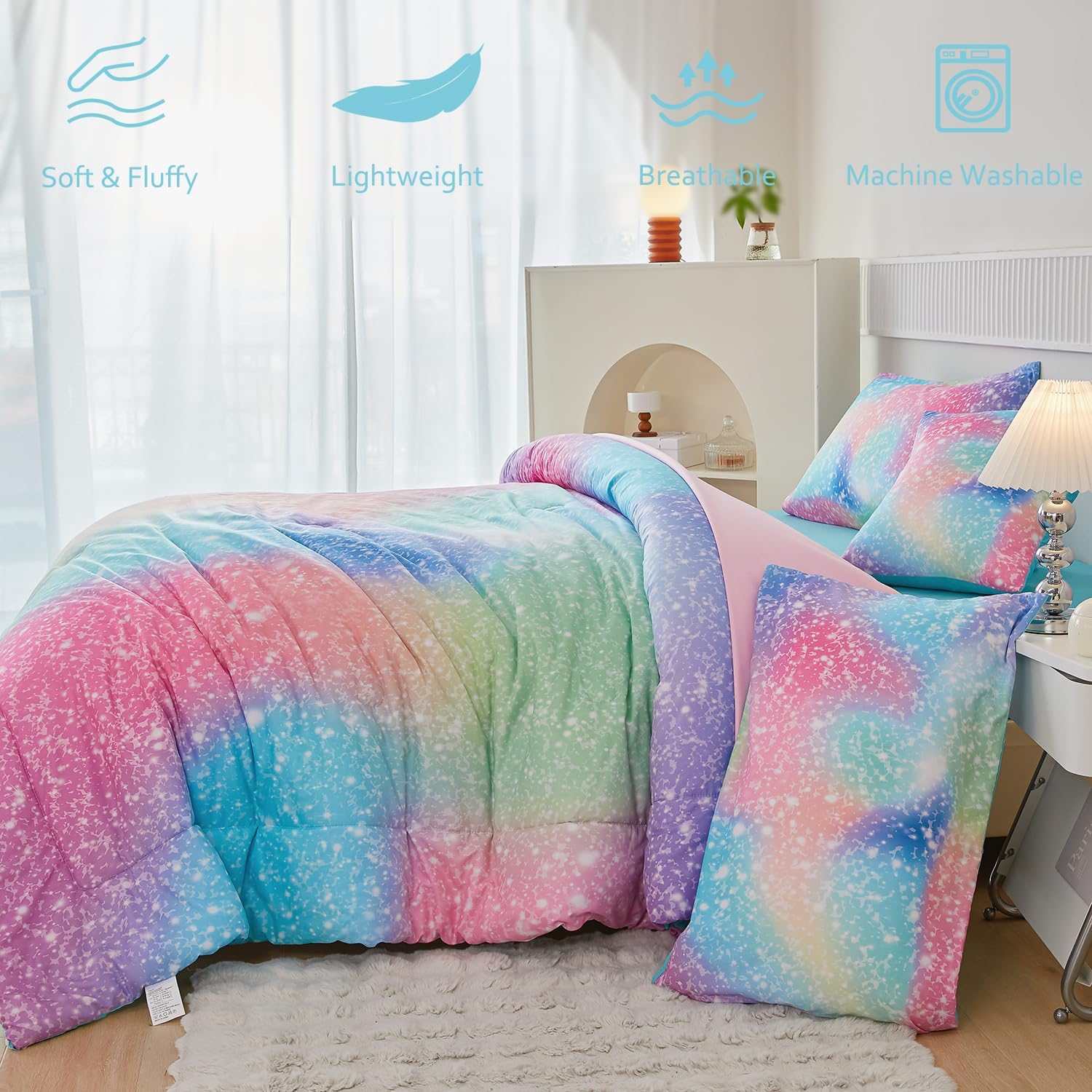 PERFEMET 6-Piece Rainbow Comforter Set for Girls
