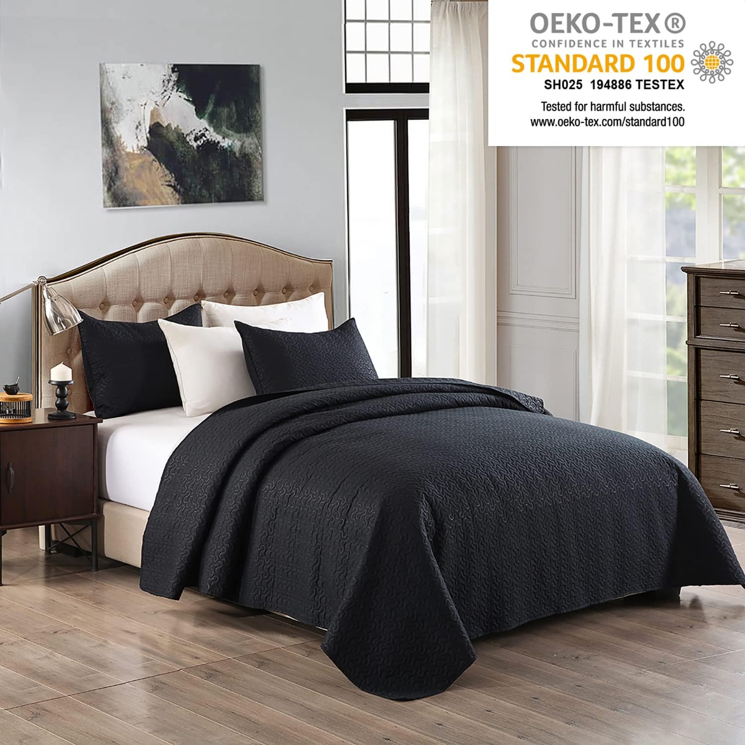JML Quilt Set - 3 Piece Embossed Stripe Black for King Bed