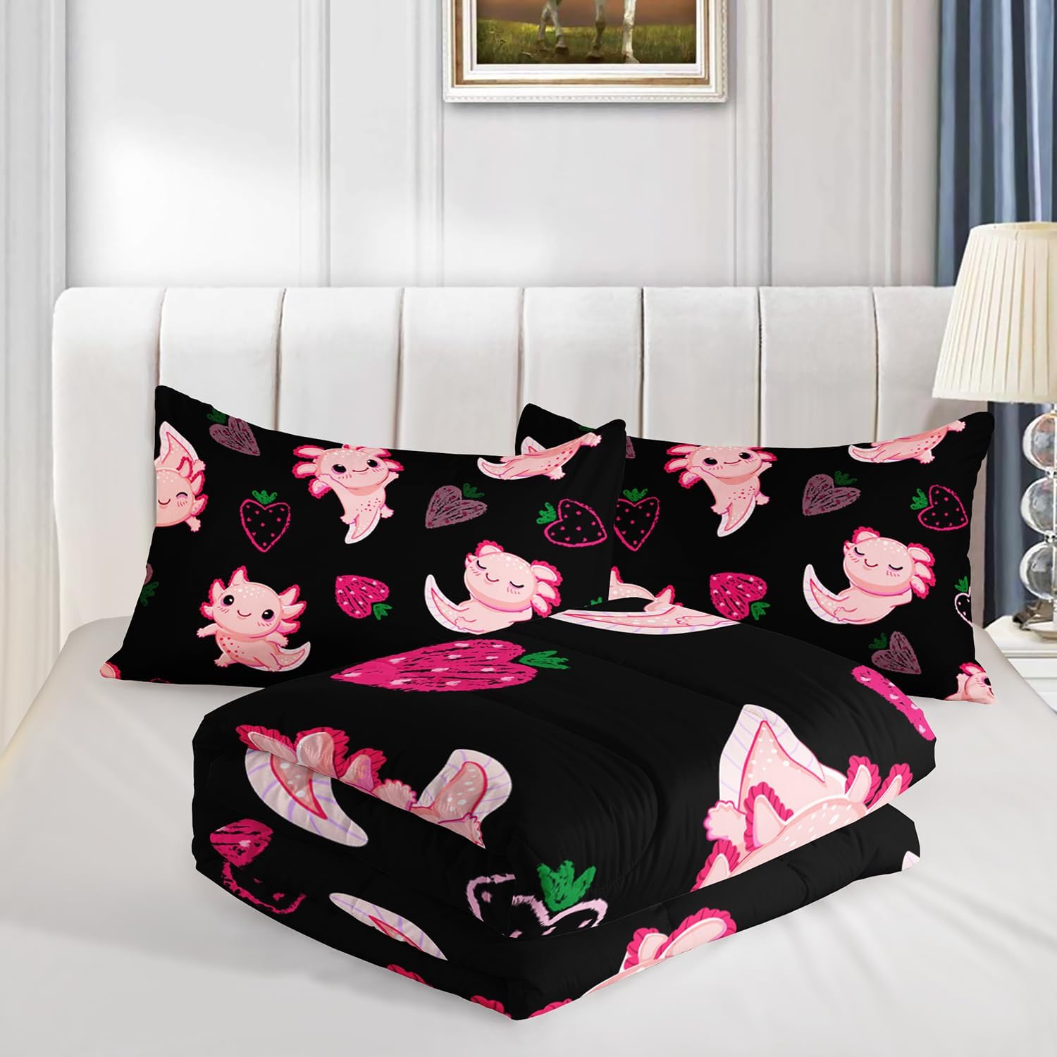 Cute Axolotl Comforter Set Twin Size Pink Strawberry Print