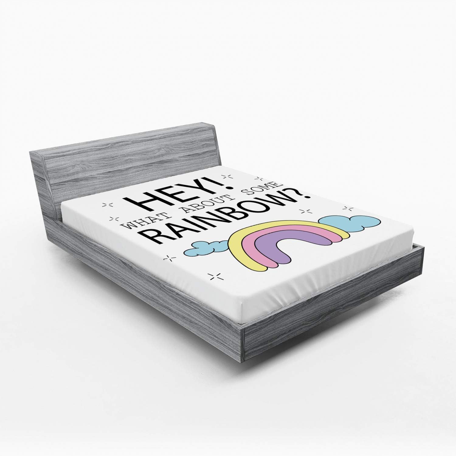 Ambesonne Girl Slogan Fitted Sheet with Rainbow Clouds and Cartoon Print