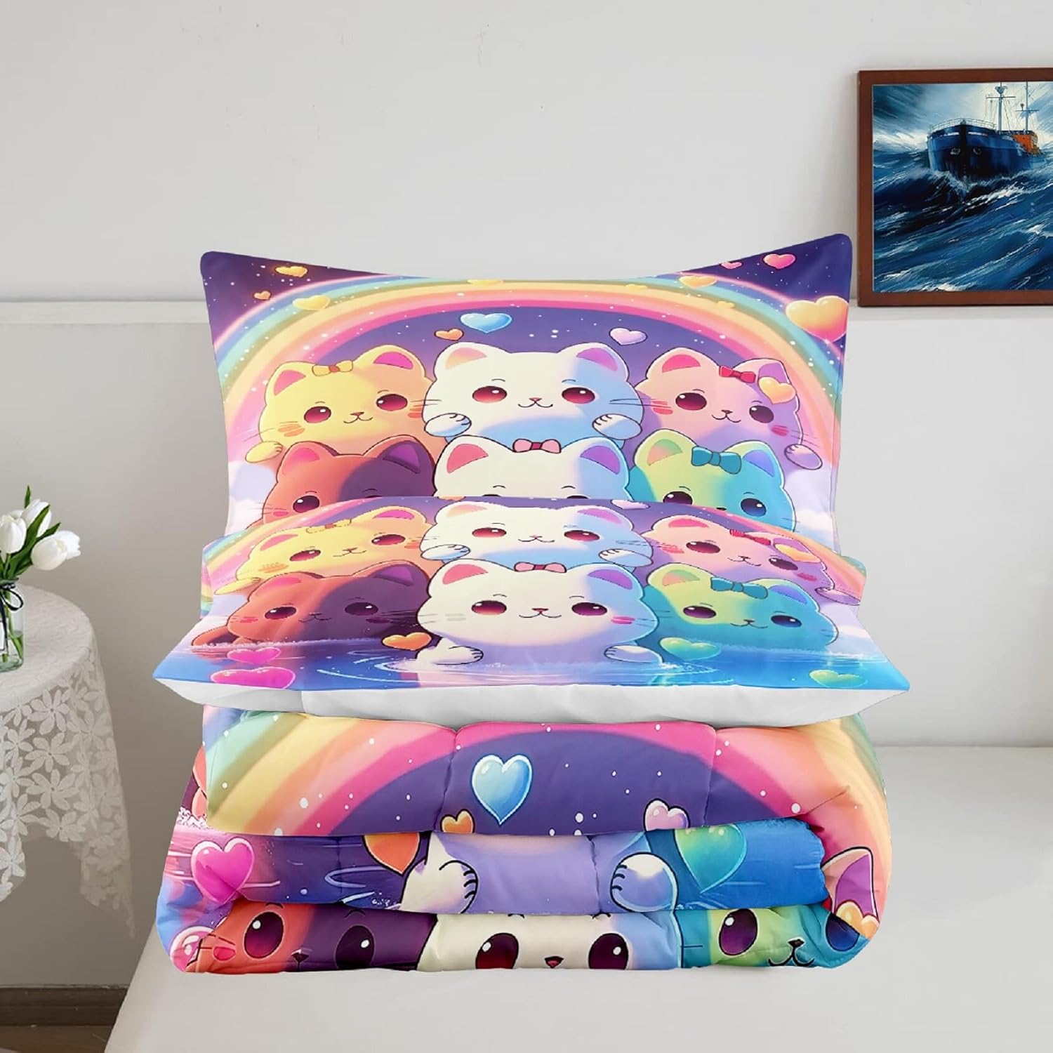 Rainbow Cat Comforter Twin Set - 1 Comforter 1 Pillowcase 1