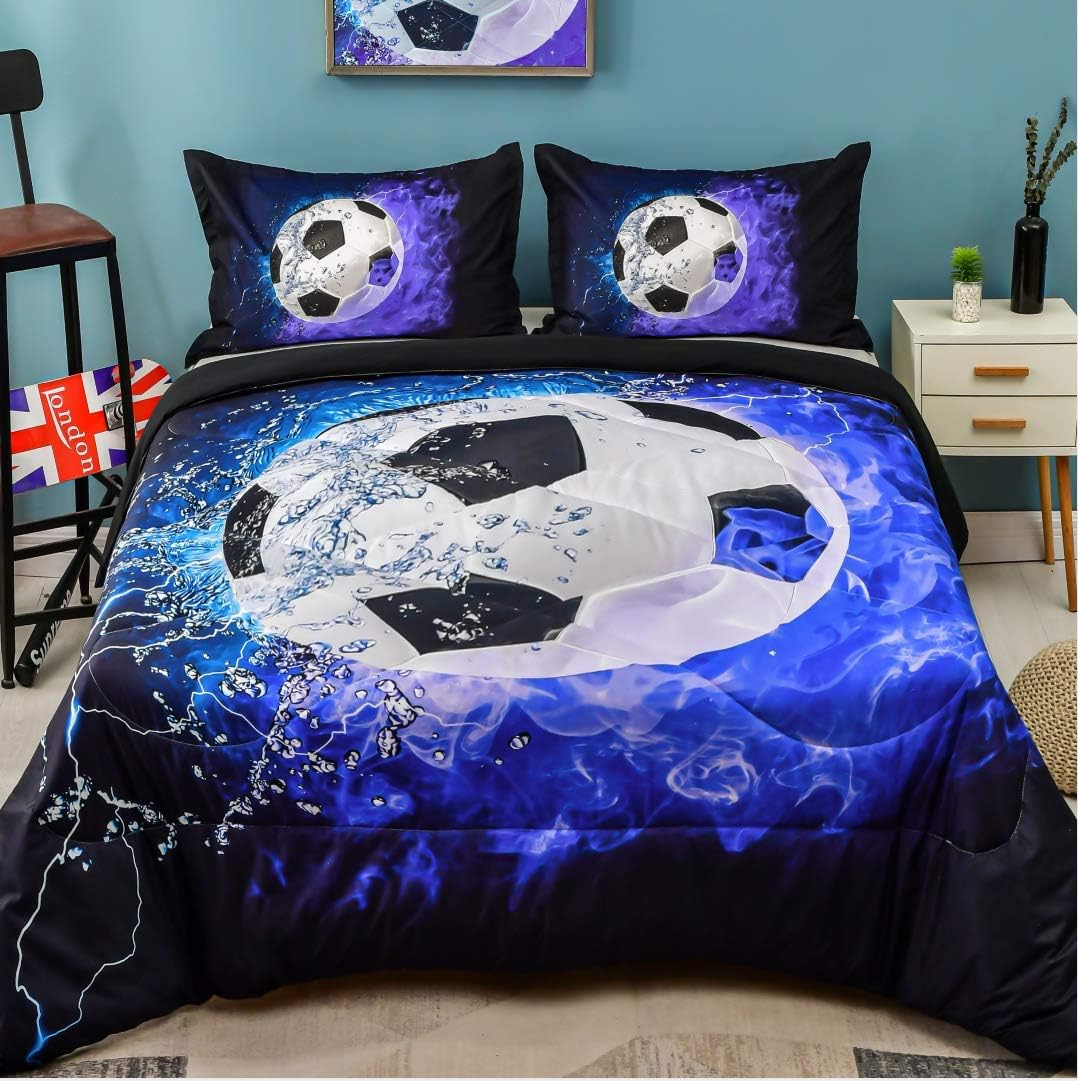 Andency Soccer Comforter Twin Set 2PC Blue Flame