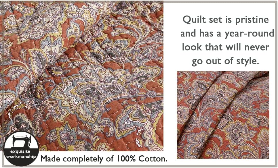 Cozy Line Red Orange Reversible Cotton Quilt Set 3 Piece King