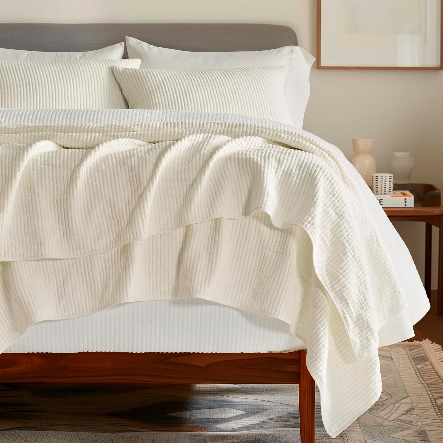 EvergraceHome Cotton Coverlet Set Full Queen 3 Pieces Eggshell Cream