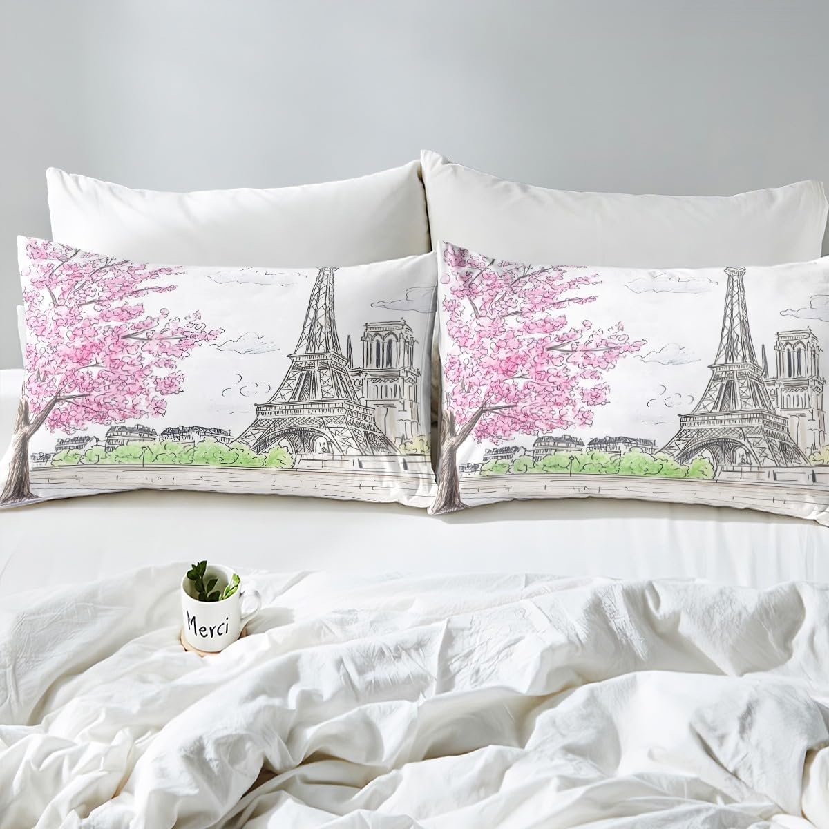 jejeloiu Paris Themed Bed Sheet Set King Size