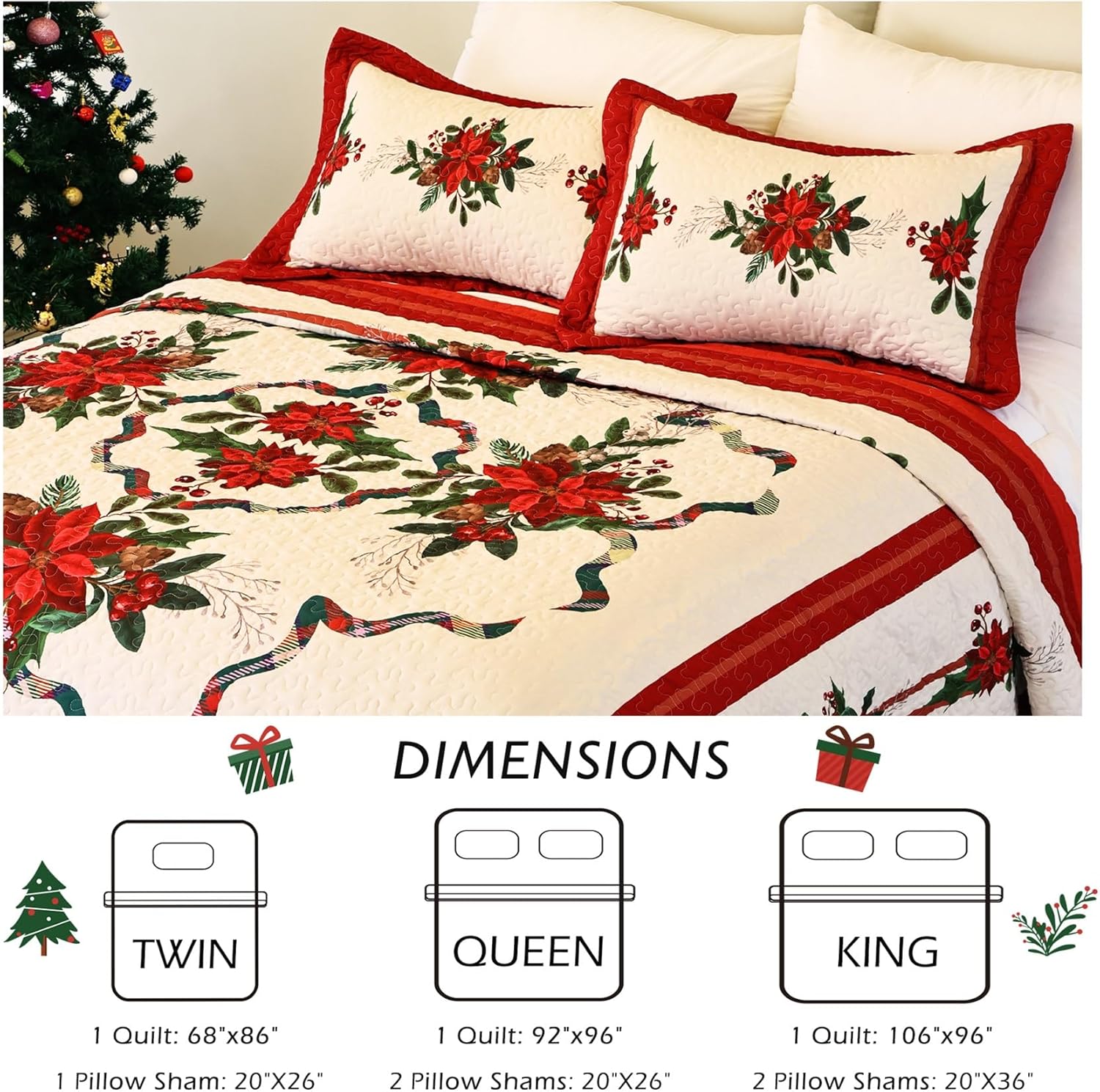 Cmfshape Christmas Bedspread Queen Size 3Pcs Red Set