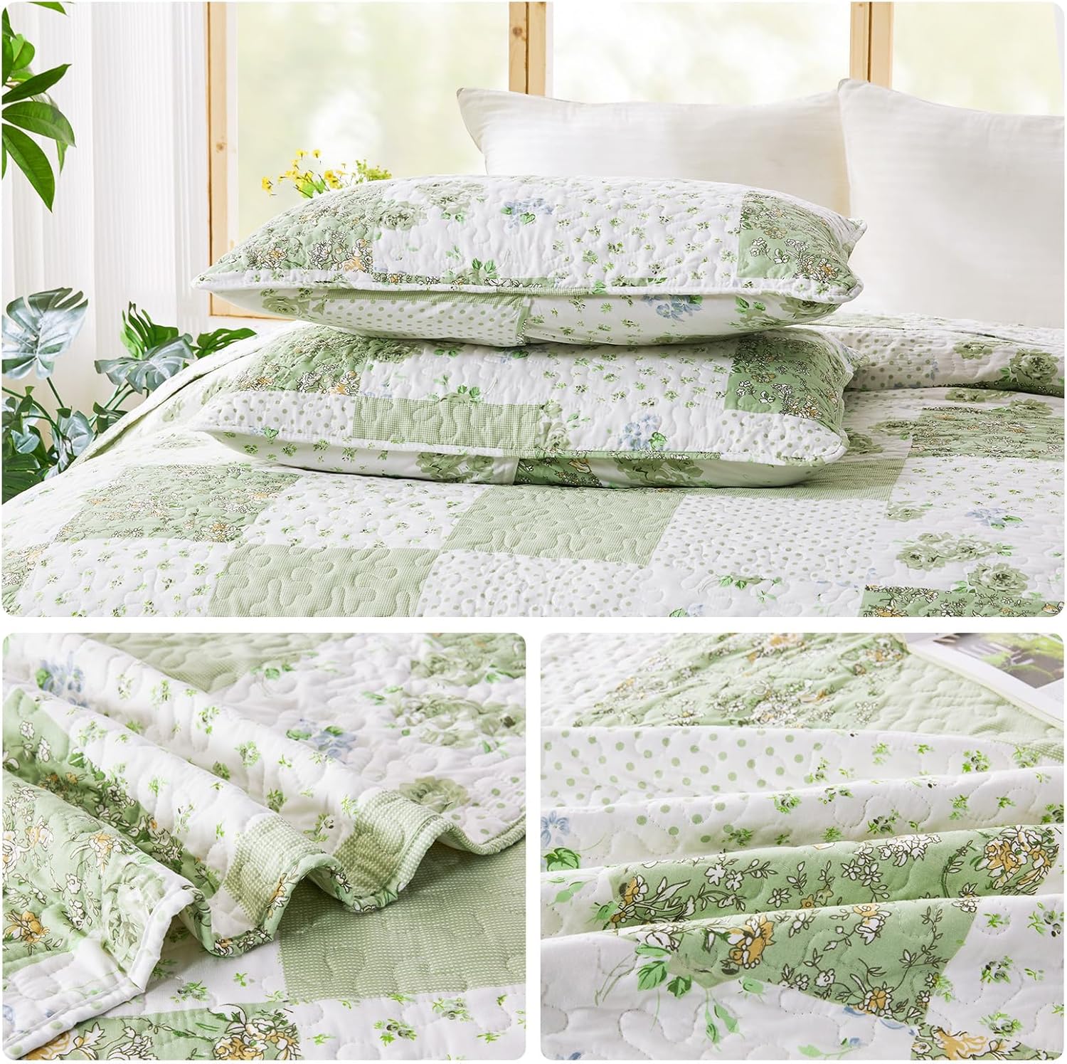 VIVILINEN Full Queen Green Floral Plaid Quilt Set