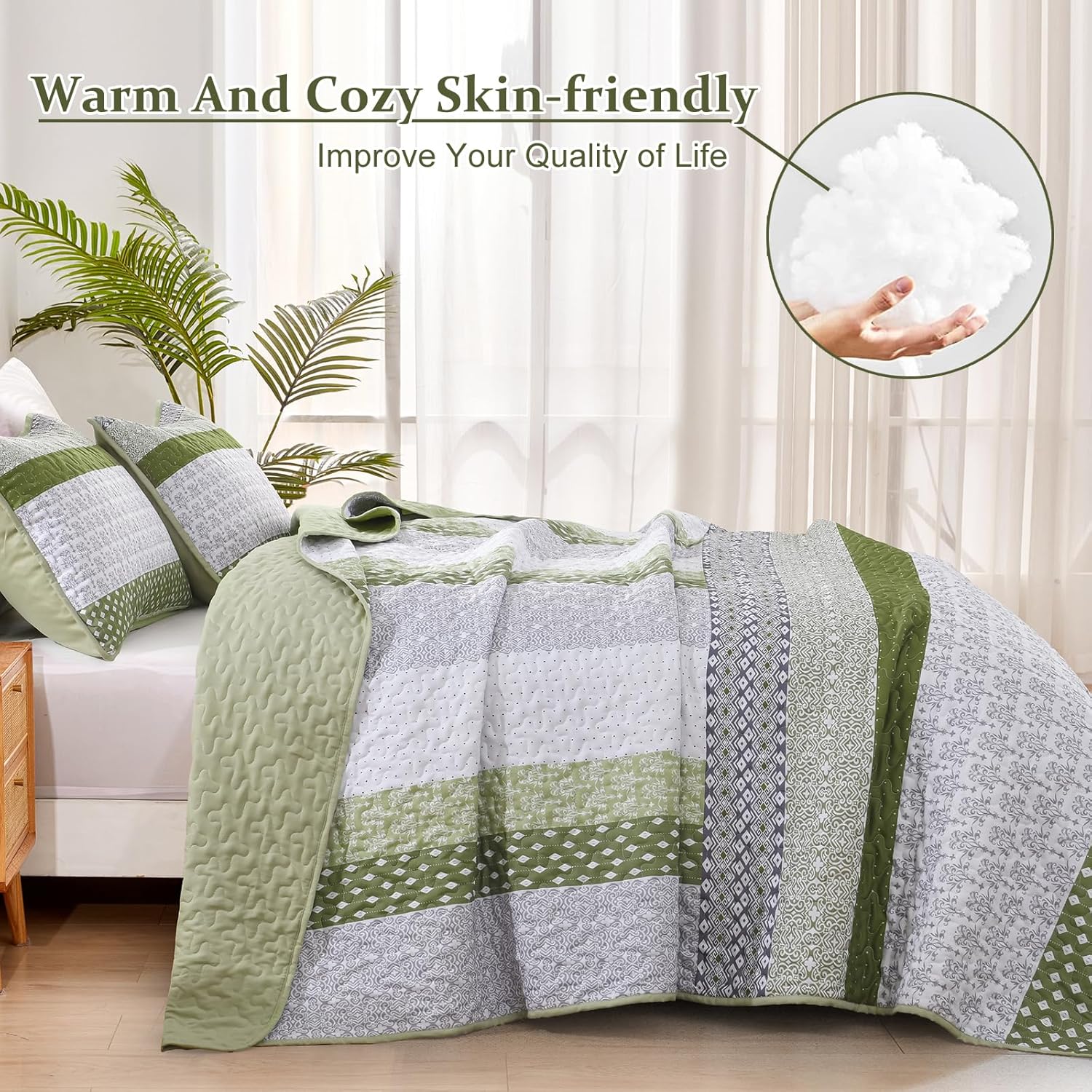 WONGS BEDDING Olive Green Boho Quilt Set Queen Size 3 Pieces