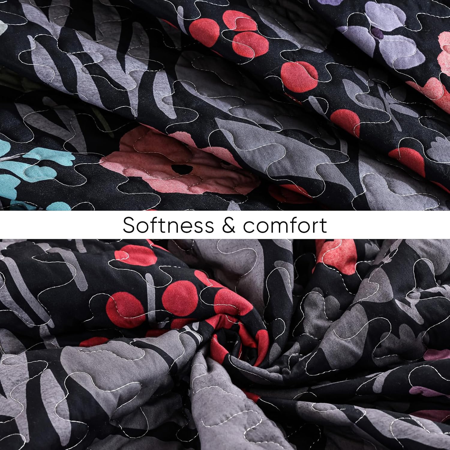 Xruibed Black Floral Quilt Set Queen 3 Piece 1