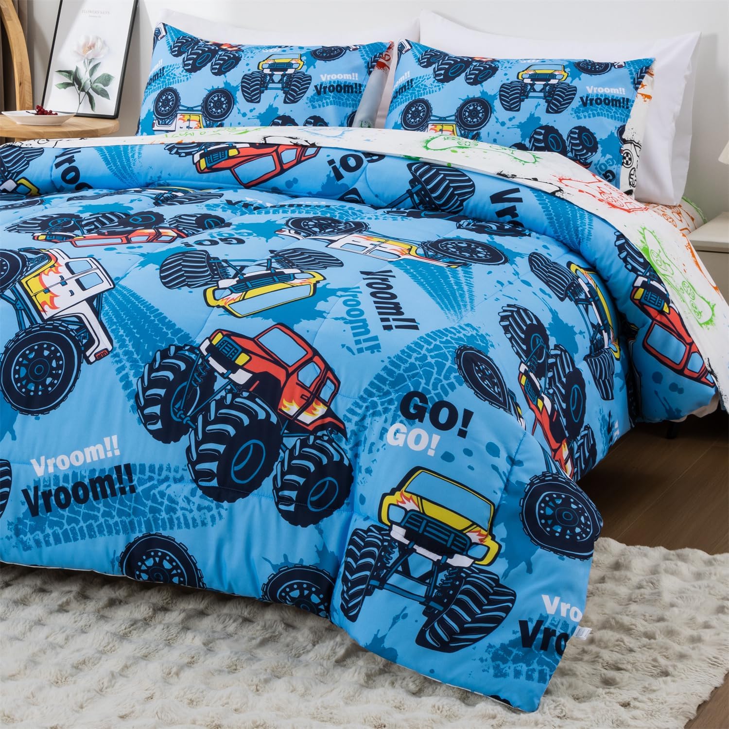 Holawakaka Boys Racing Truck Comforter Set with Sheets