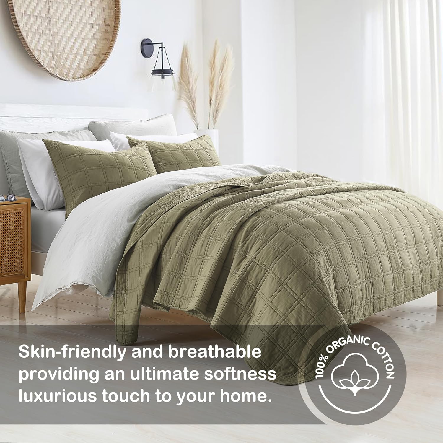 HORIMOTE HOME Cotton Quilt Set Twin Size Olive Green