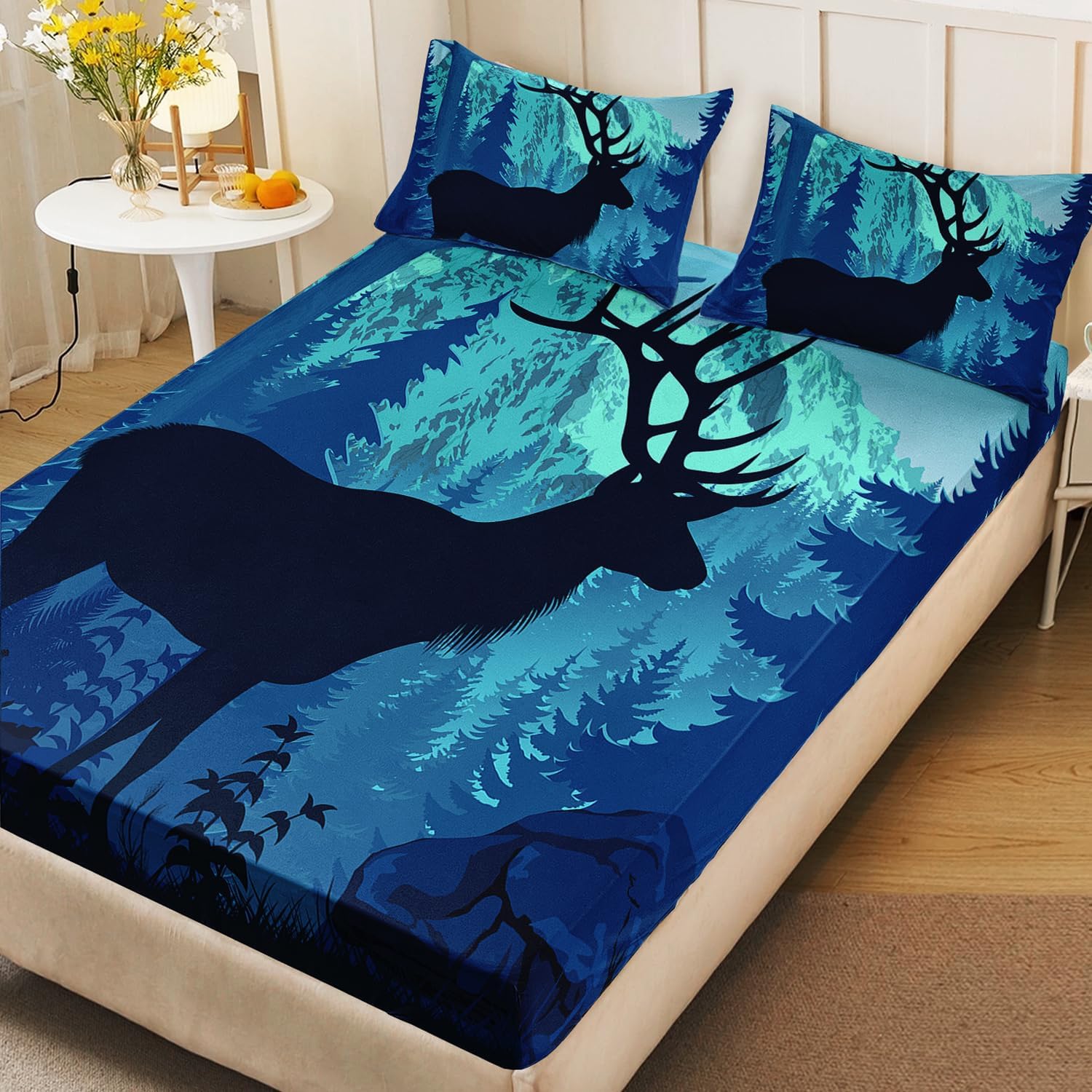 AILONEN Black Cartoon Deer Twin XL Fitted Sheet Set