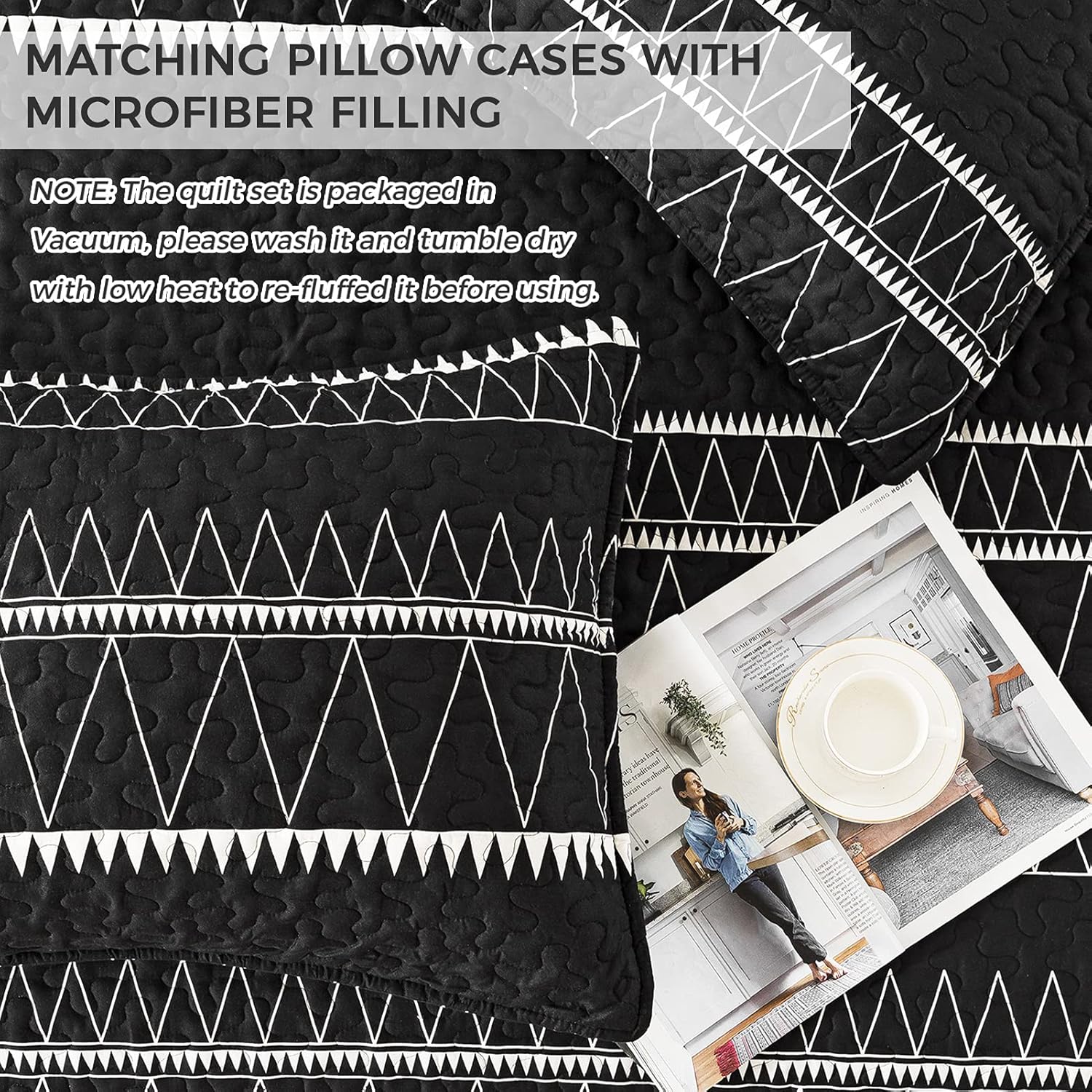 Andency Black Quilt Set California King 3Pcs