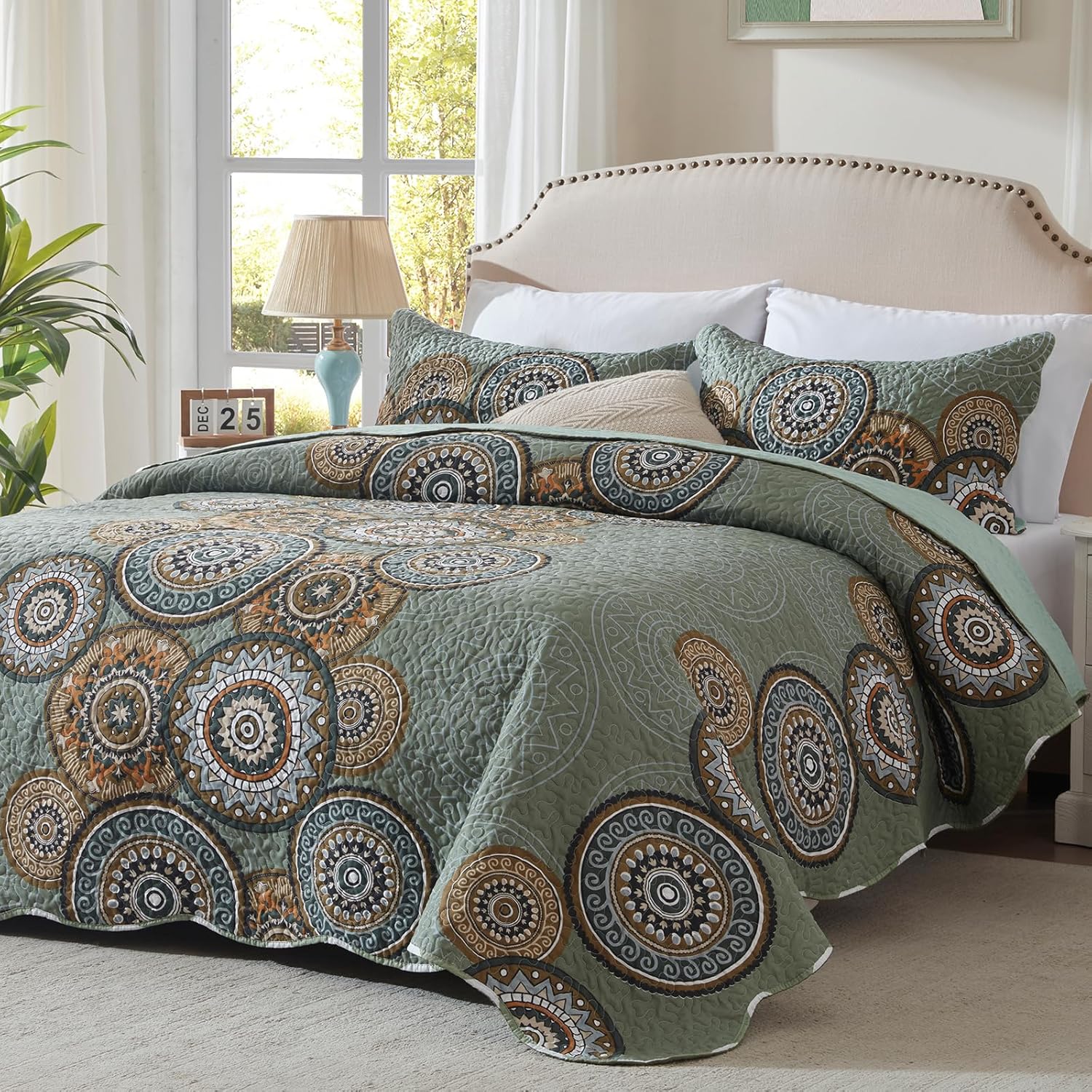 LEAONME Olive Green Queen Quilt Set 3-Piece