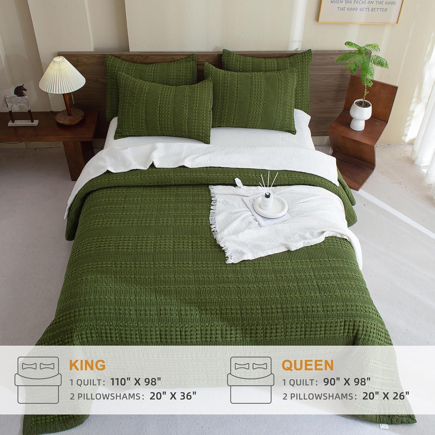 Sanracie Cotton Waffle Quilt Set King Size Olive Green