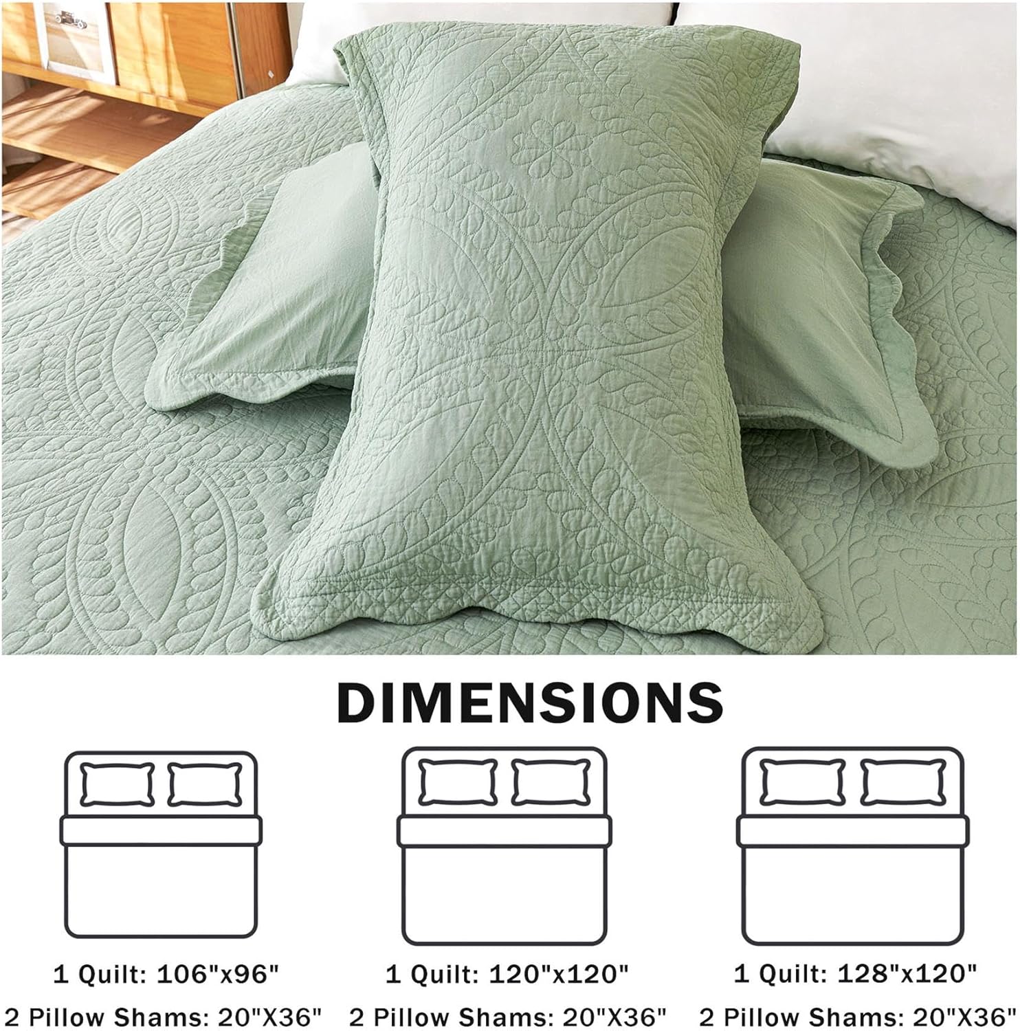 Cmfshape King Size Quilt Set Sage Green Coin Pattern 3 Piece