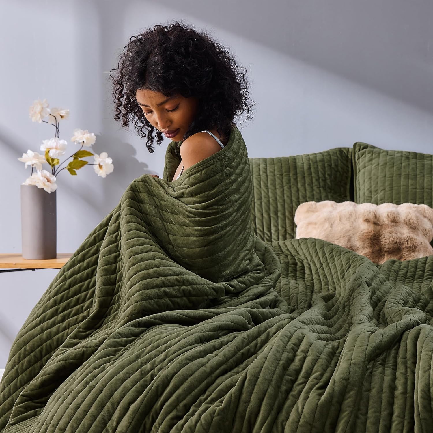 Wonderful Velvet Quilt Set - 94x94 Queen Dark Green Striped Channel Stitch