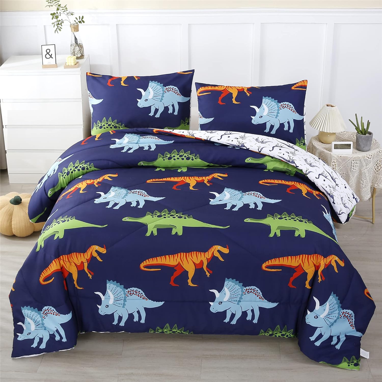 RYNGHIPY Dinosaur Comforter Set Twin Size Dark Blue Kids Bedding