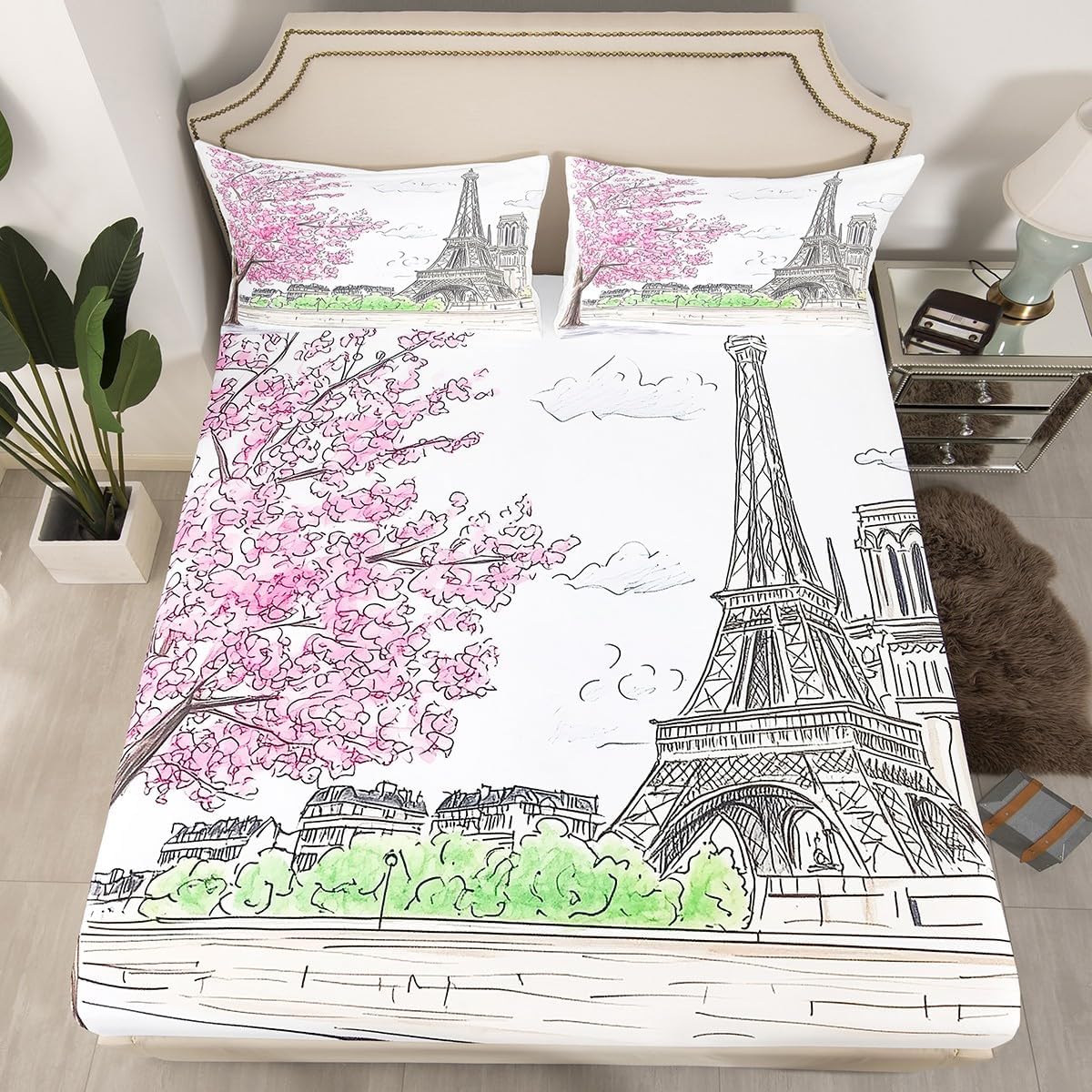 jejeloiu Paris Themed Bed Sheet Set King Size