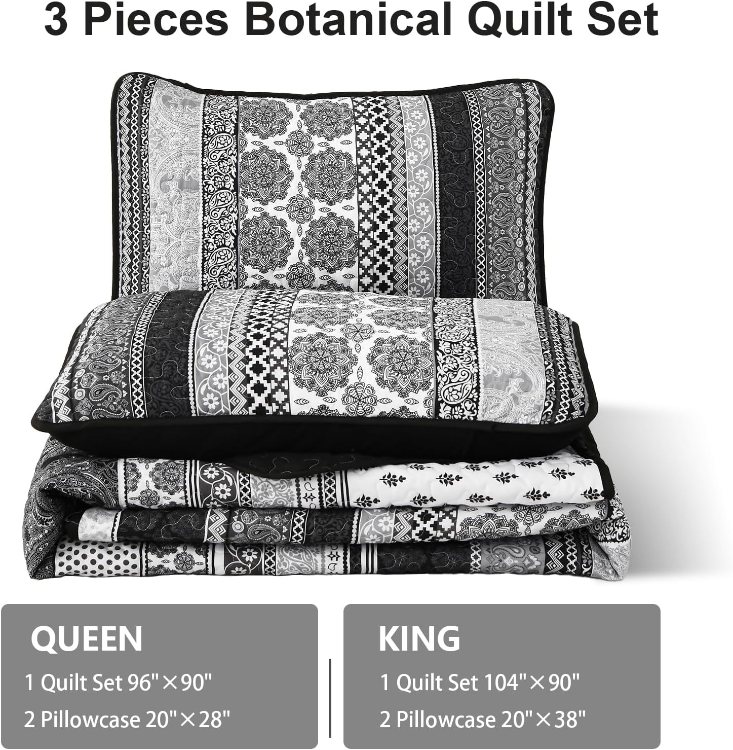WONGS BEDDING Grey Boho Quilt Set King Size 3 pcs