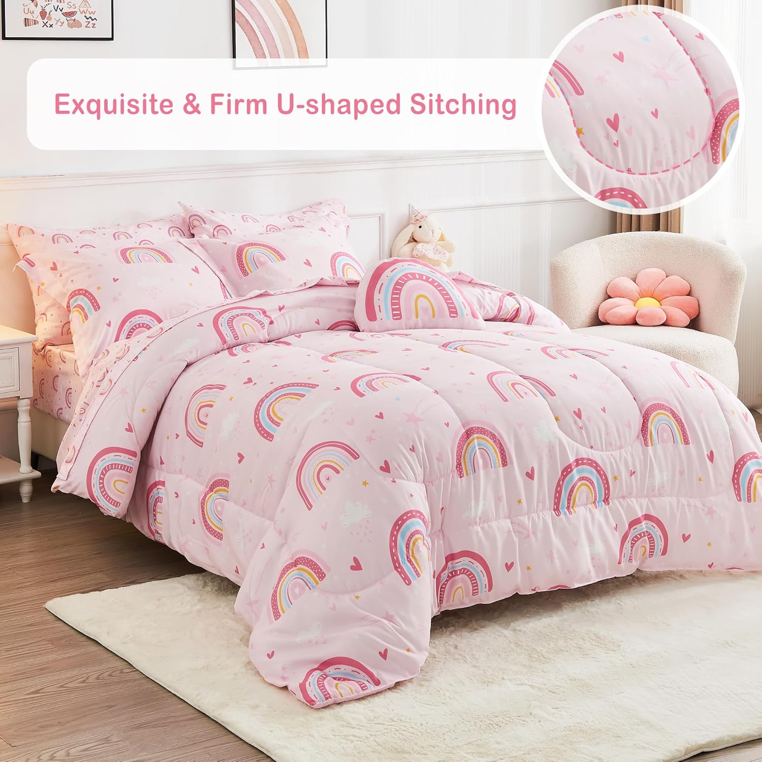 Mooreeke Kids Bed in a Bag Set 6 Pieces Twin Rainbow Pink