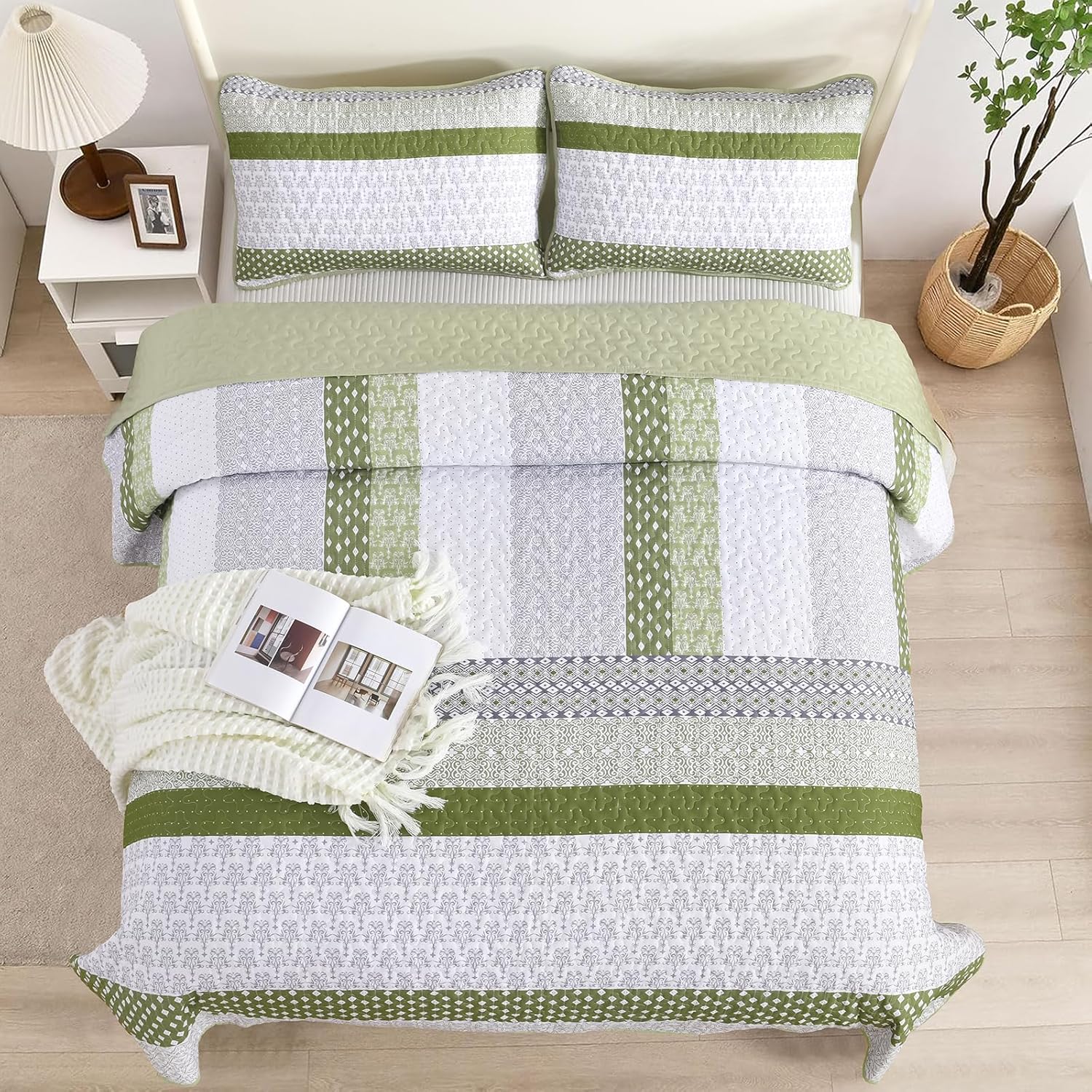 WONGS BEDDING Olive Green Boho Quilt Set Queen Size 3 Pieces