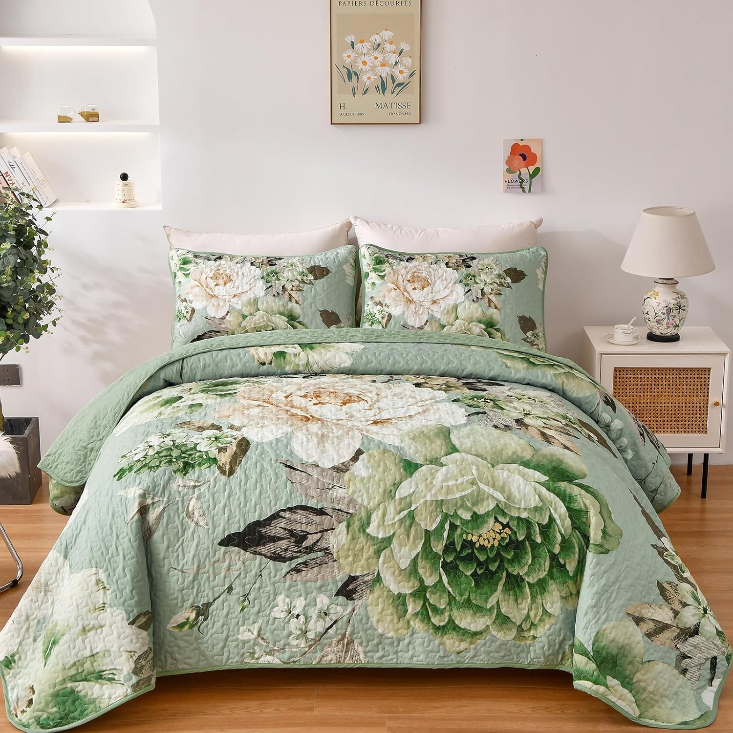 WONGS BEDDING Sage Green Floral Quilt Set King