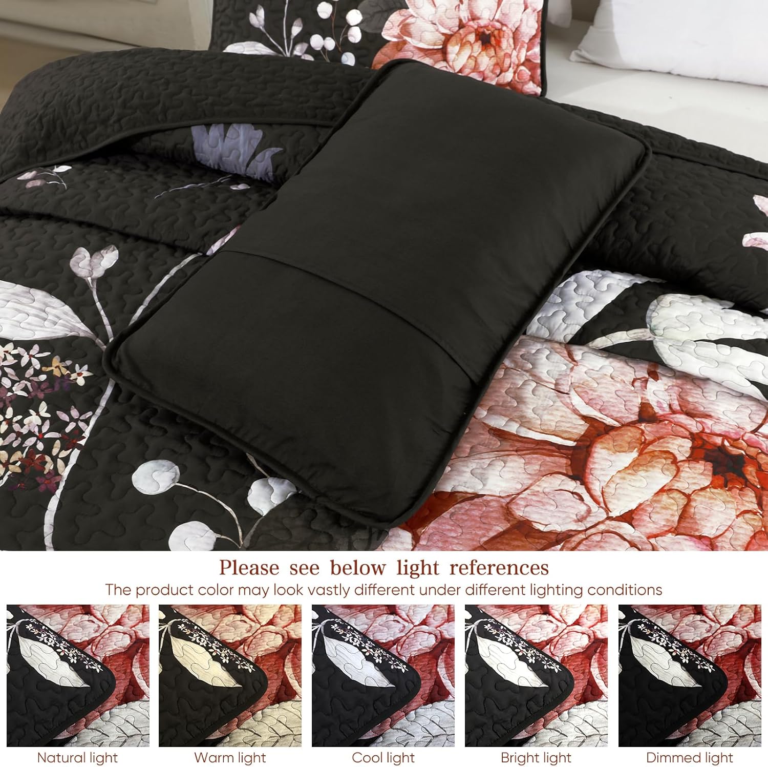 Drucon Black Quilt Queen Set - 3 Piece Pink Floral Bedding