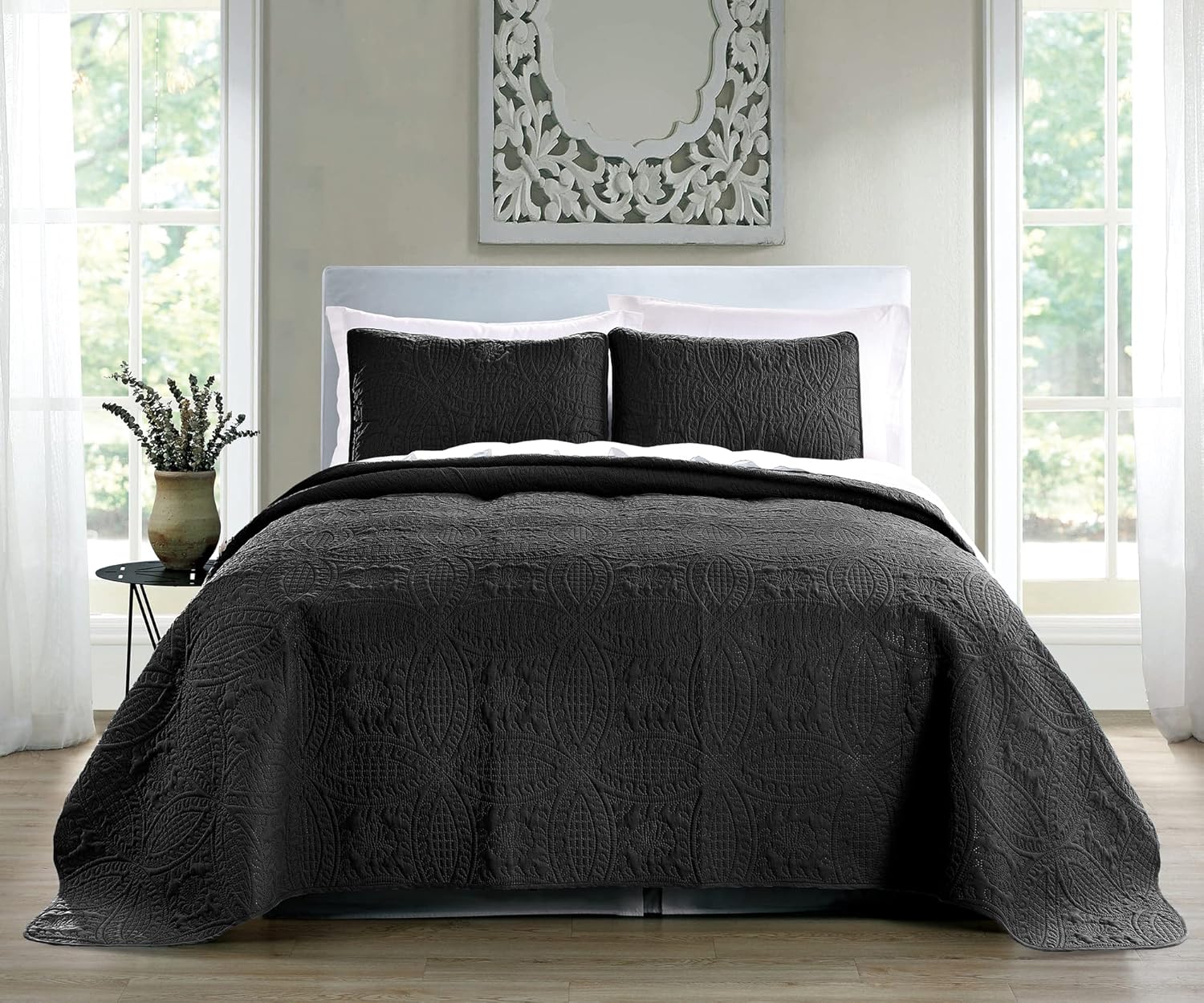 Pure Bedding Quilt Set Full Queen Black Geometric Pattern