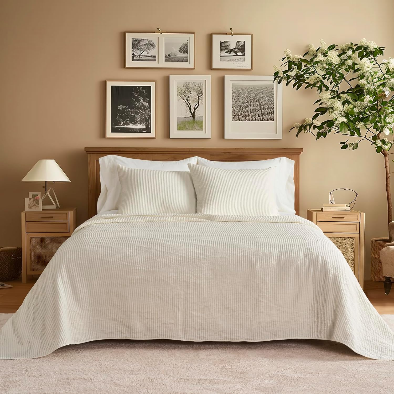EvergraceHome Cotton Coverlet Set Full Queen 3 Pieces Eggshell Cream
