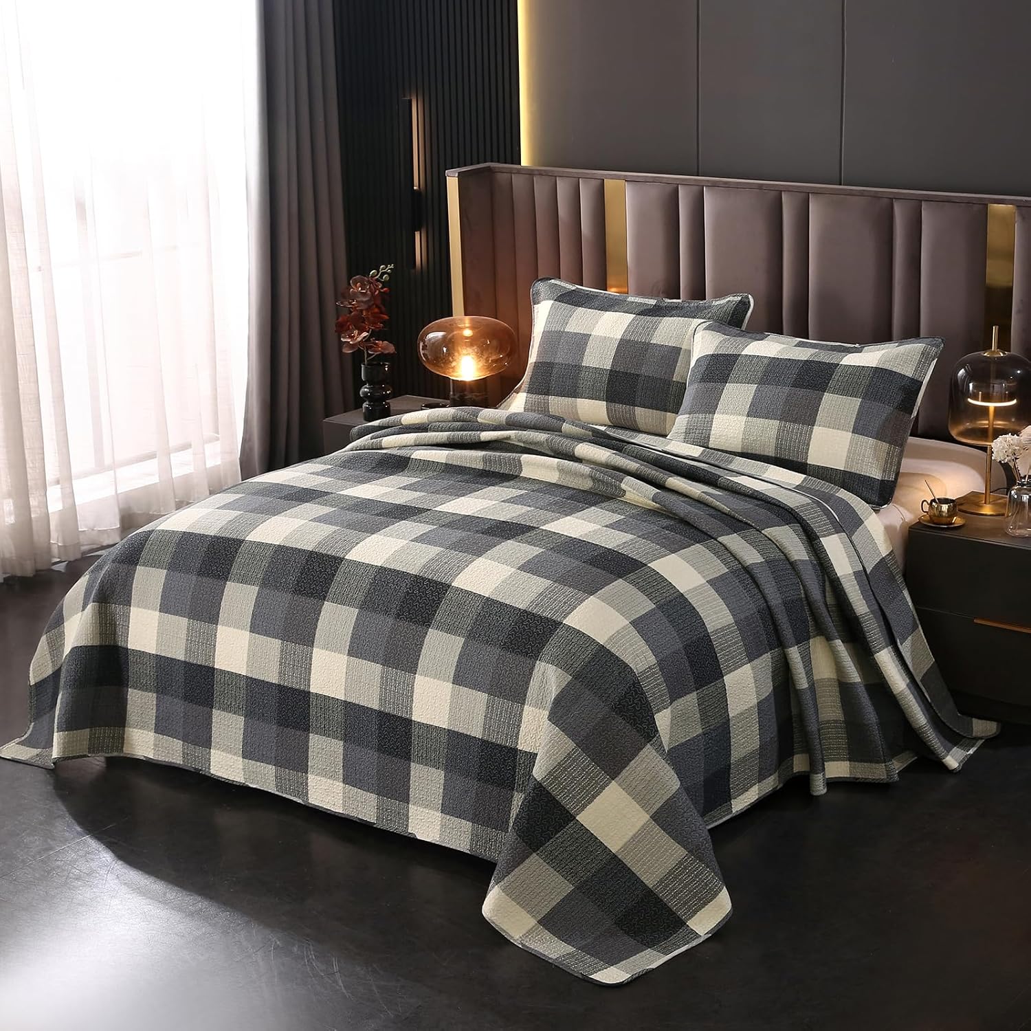 vctops Farmhouse Blue Plaid Quilt Set Queen 3 Pieces