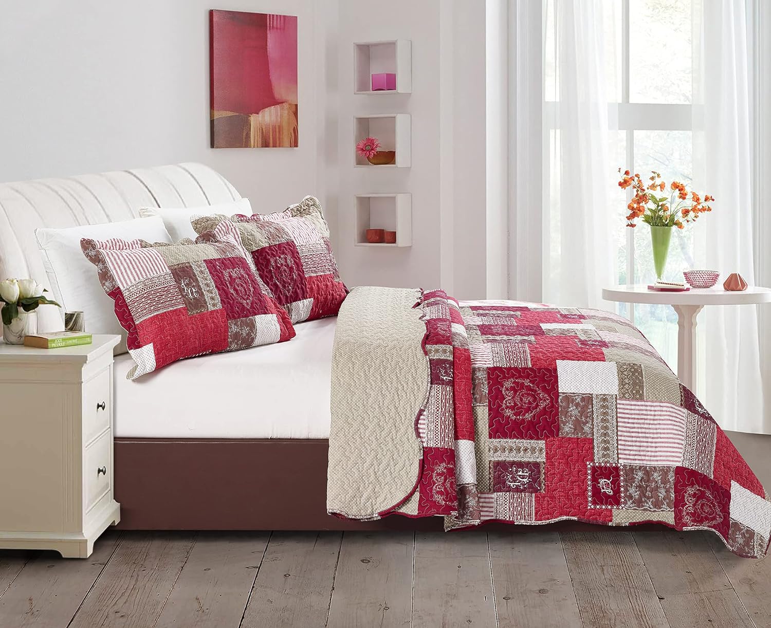 Brilliant Sunshine Burgundy Heart Love Quilt Set