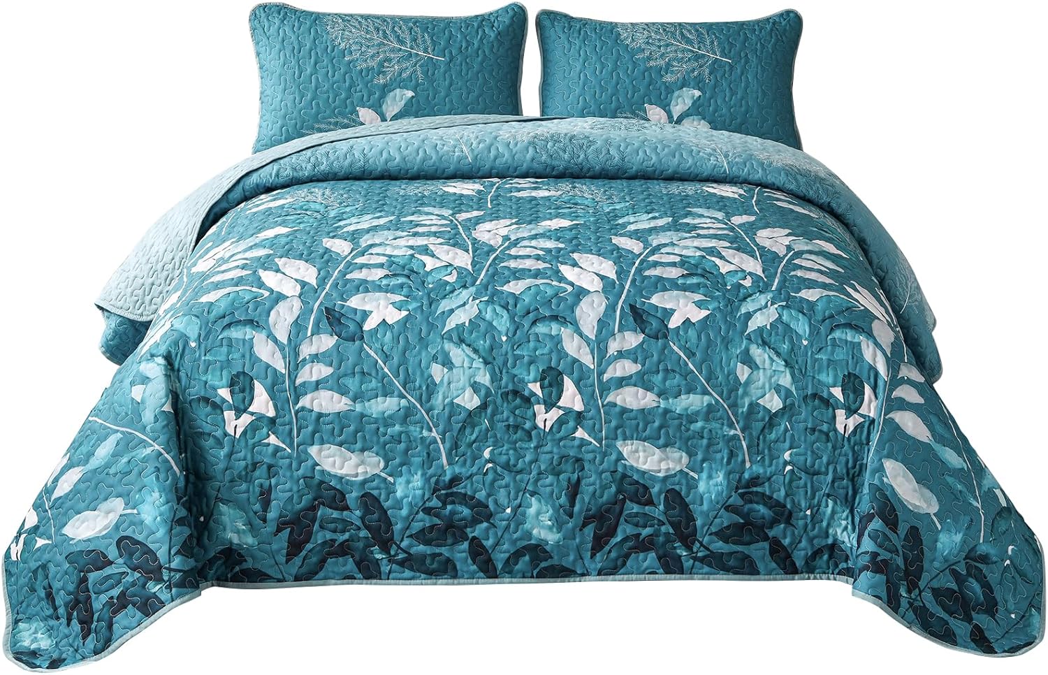 WONGS BEDDING Teal Floral Quilt Set 3PCS Full Size