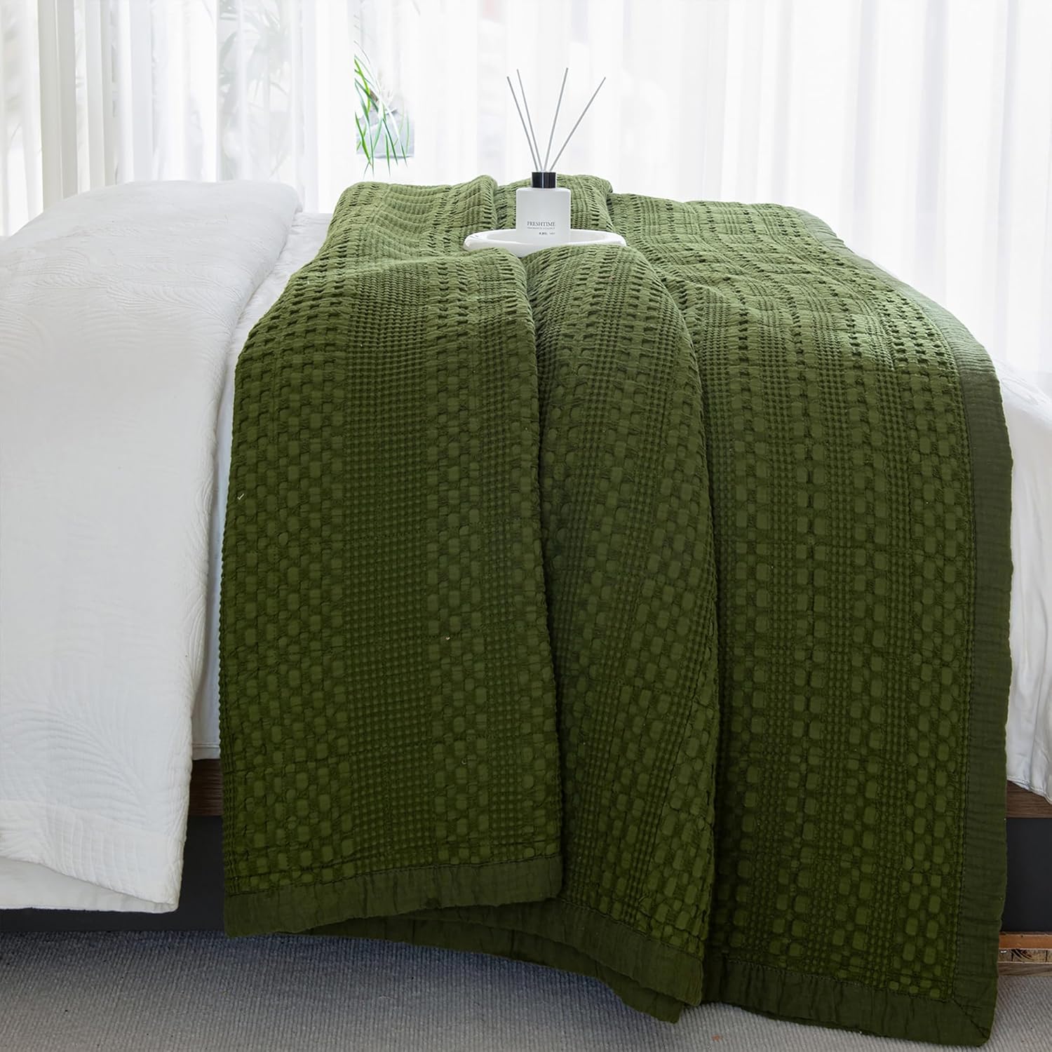 Sanracie Cotton Waffle Quilt Set King Size Olive Green