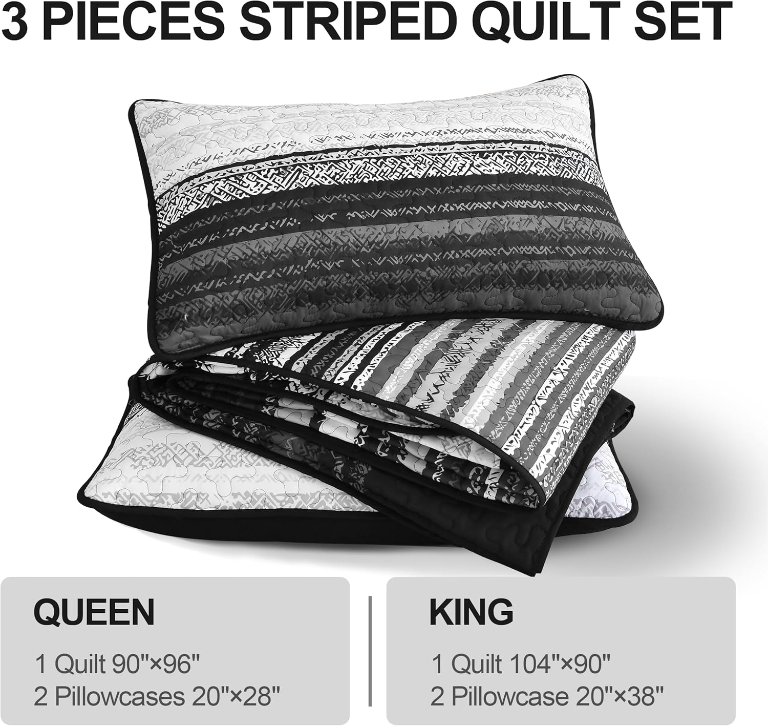 DJY King Size Quilt Set 3 Pieces Black Striped Microfiber