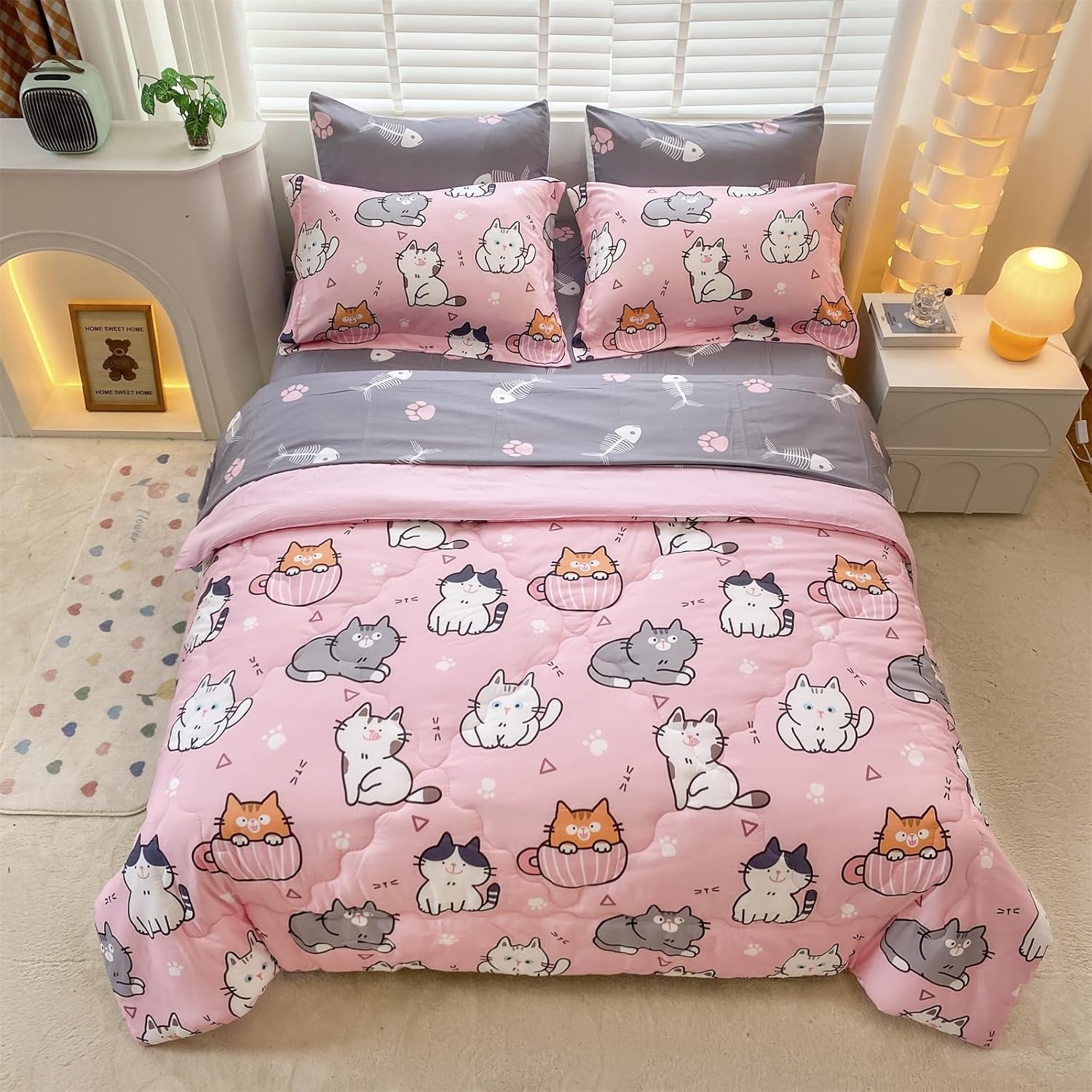 Gusuhome 7 Piece Kids Cats Comforter Set Twin Bed in A Bag
