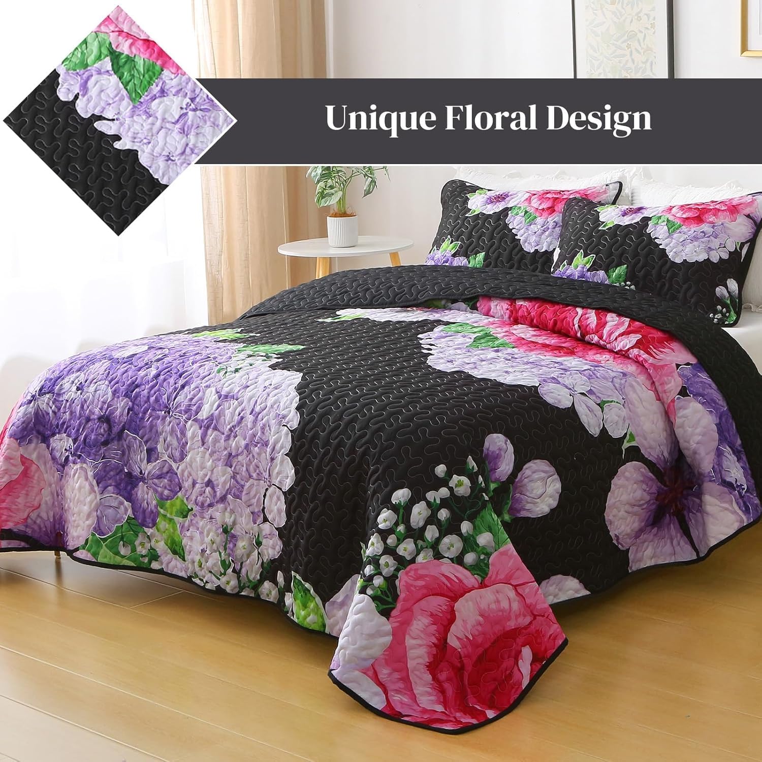 Heymybed Black Floral Quilt Set King Size 3 Pieces